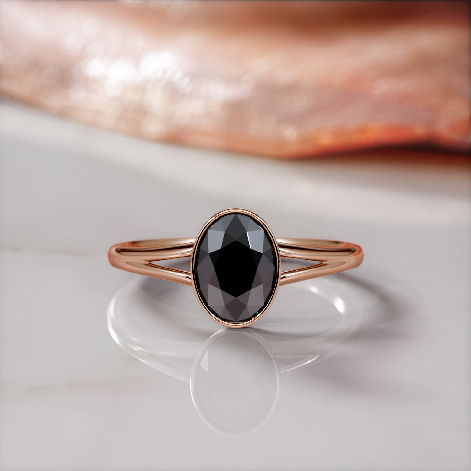Vintage Split Shank Natural Black Diamond Oval Engagement Ring