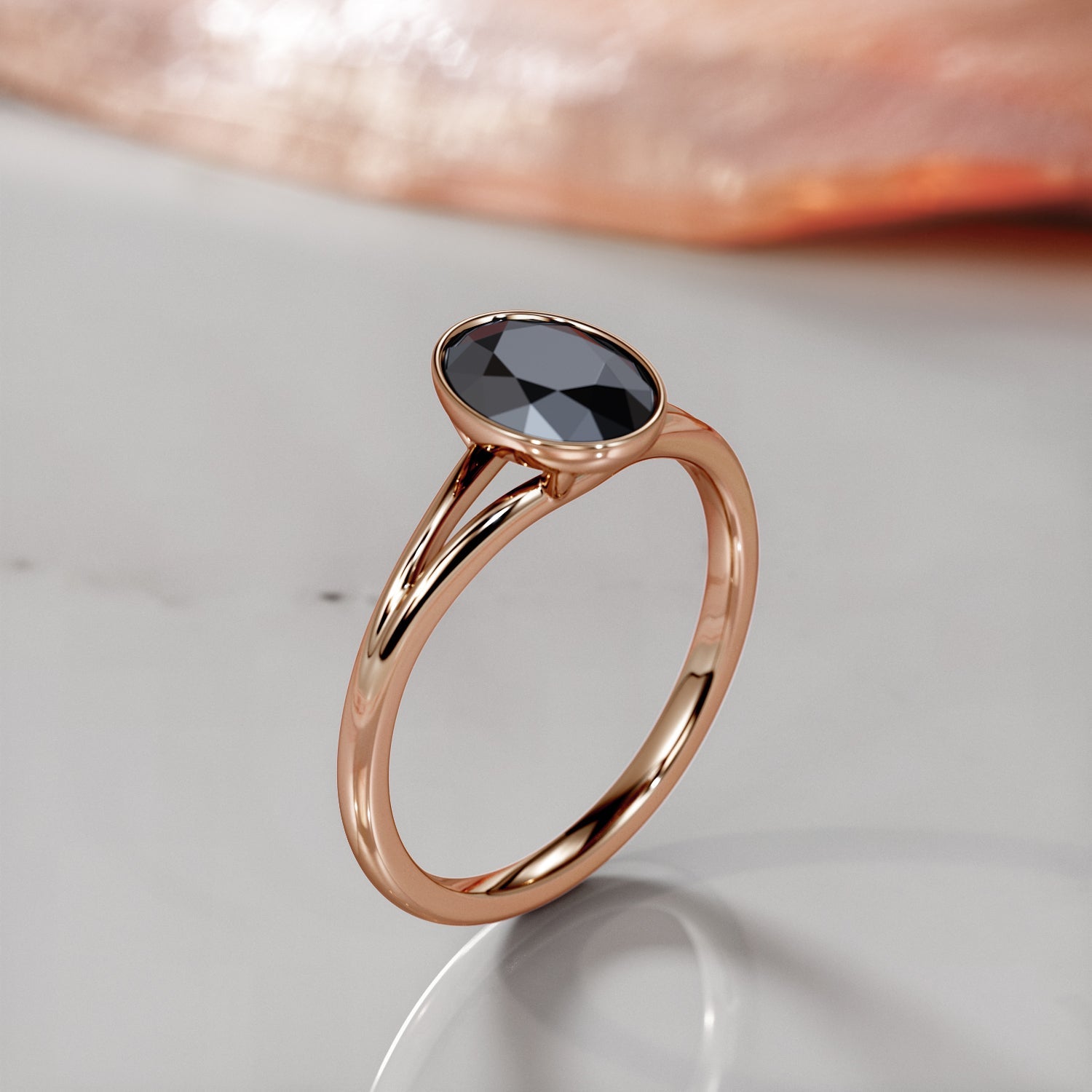 Vintage Split Shank Natural Black Diamond Oval Engagement Ring