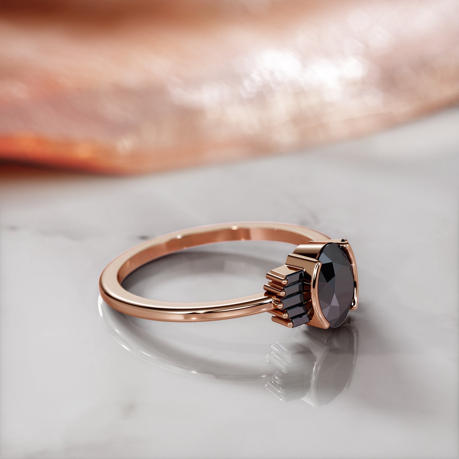 Art Deco Natural Black Diamond Oval & Baguette Engagement Ring