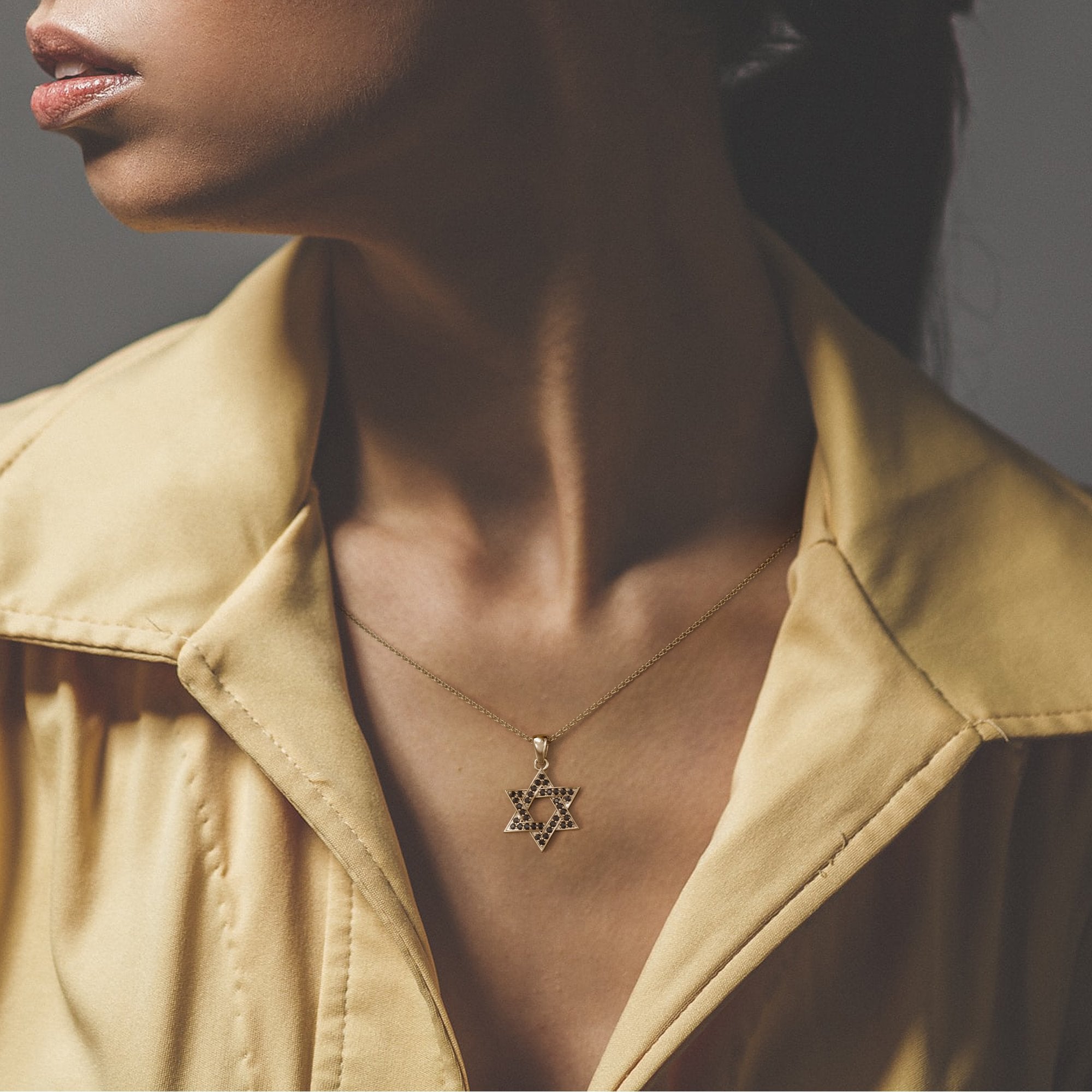 Star-of-David Natural Black Diamond Alternative Pendant with a Yellow Necklace