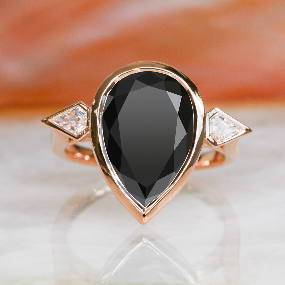 Three Stone  Natural Black Diamond Pear Engagement Ring