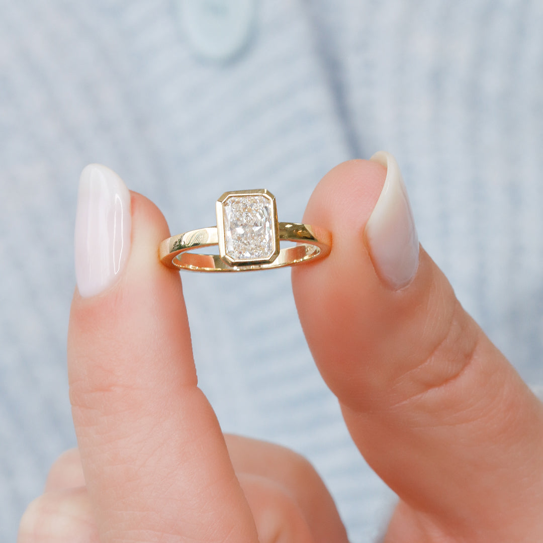 Art Deco Bezel Natural Radiant Cut Diamond Engagement Ring