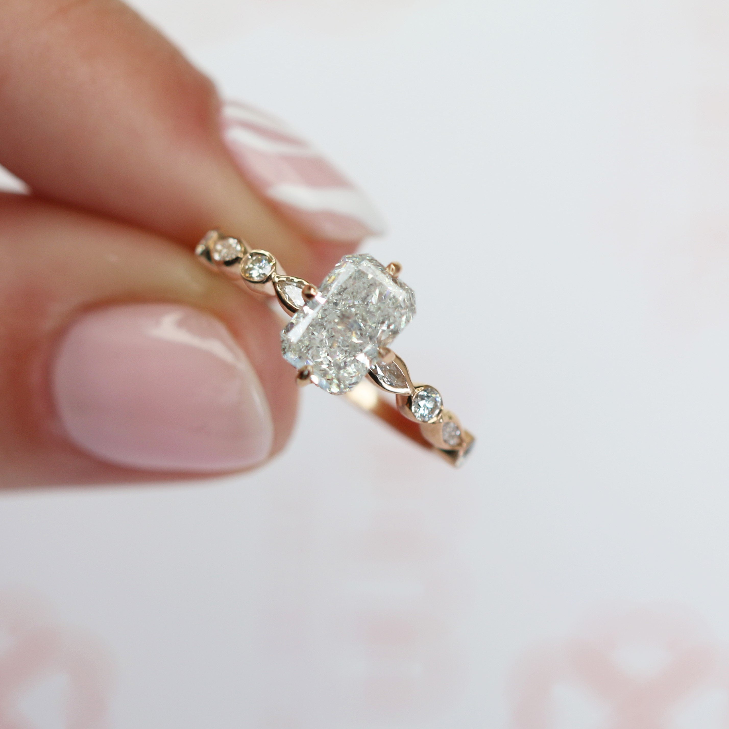 Art Deco Salt & Pepper Natural Radiant  Diamond Engagement Ring