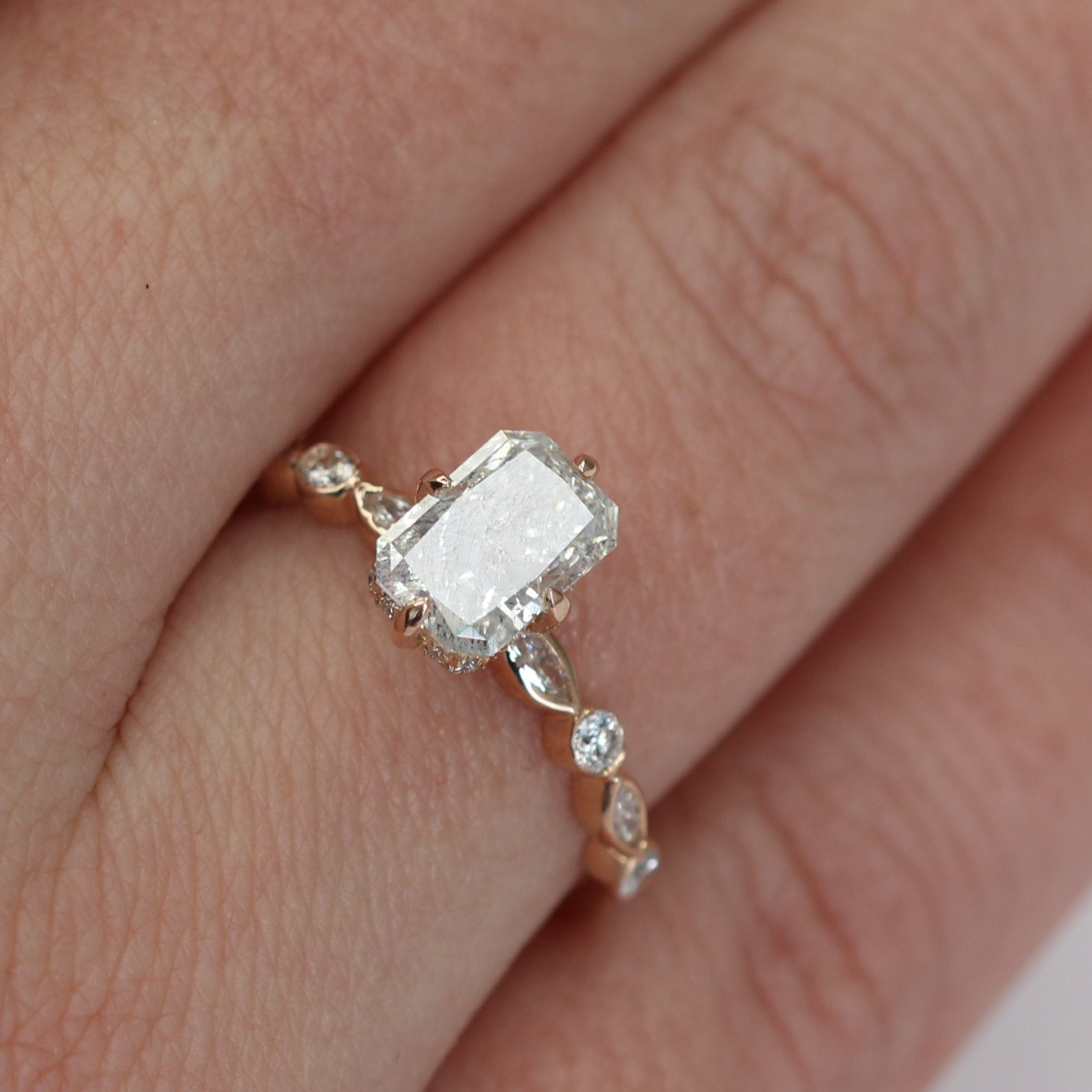 Art Deco Salt & Pepper Natural Radiant  Diamond Engagement Ring