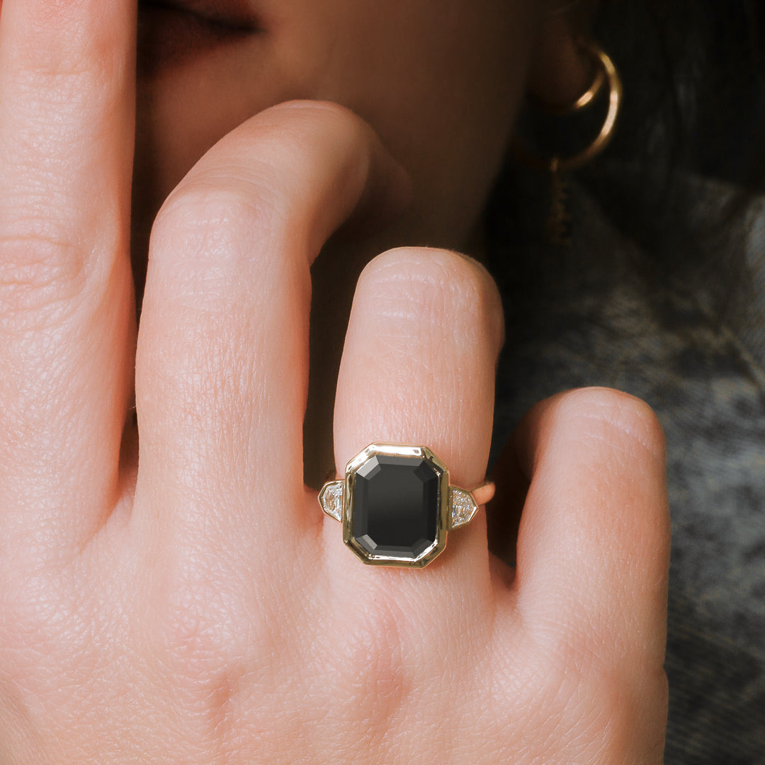 Bezel Natural Black Diamond Emerald Cut Engagement Ring