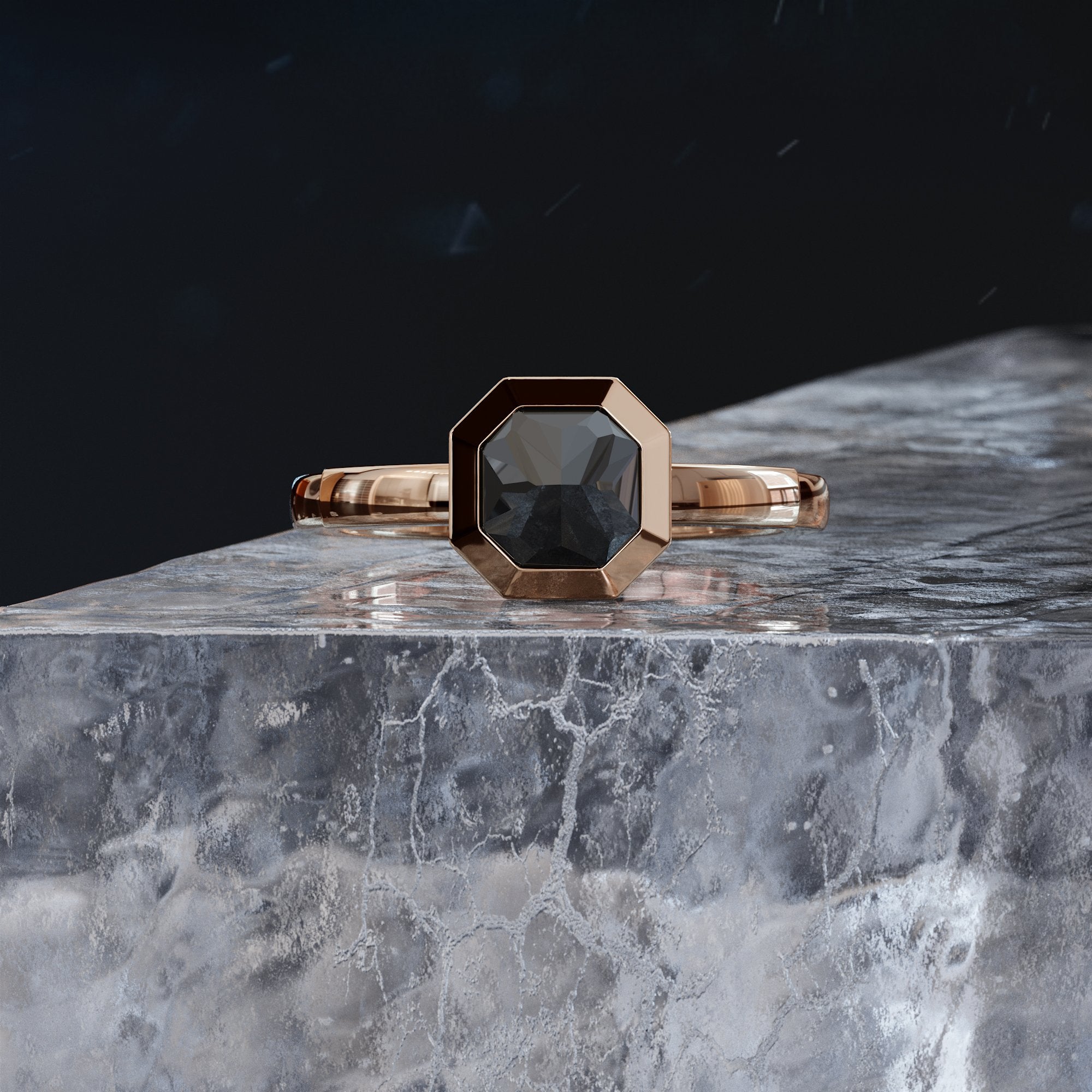 Raven's Wing - Unique  Natural Black Diamond Emerald Cut Engagement Ring In Rose Gold