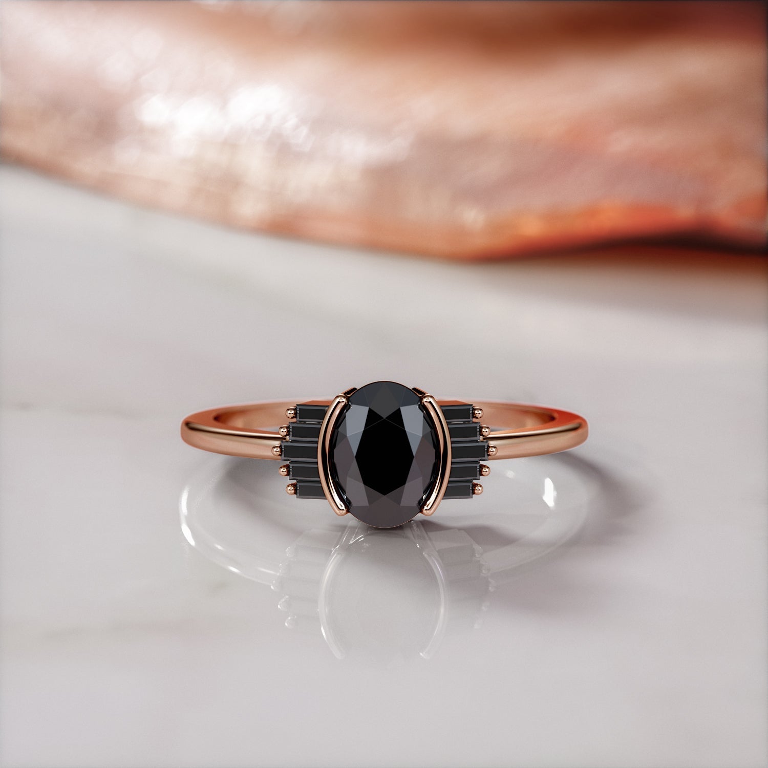 Art Deco Natural Black Diamond Oval & Baguette Engagement Ring