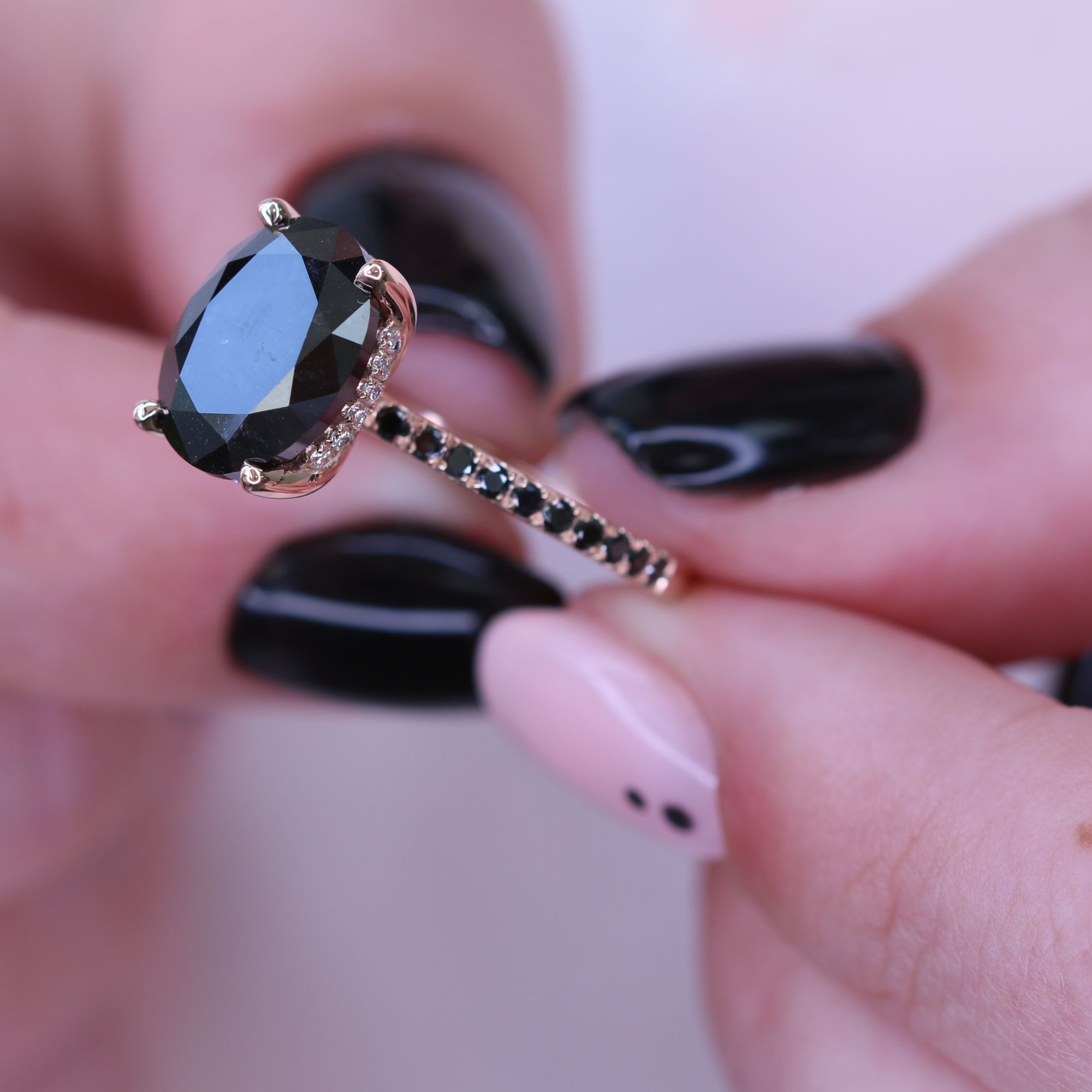 Unique  Natural Black Diamond Oval Engagement Ring