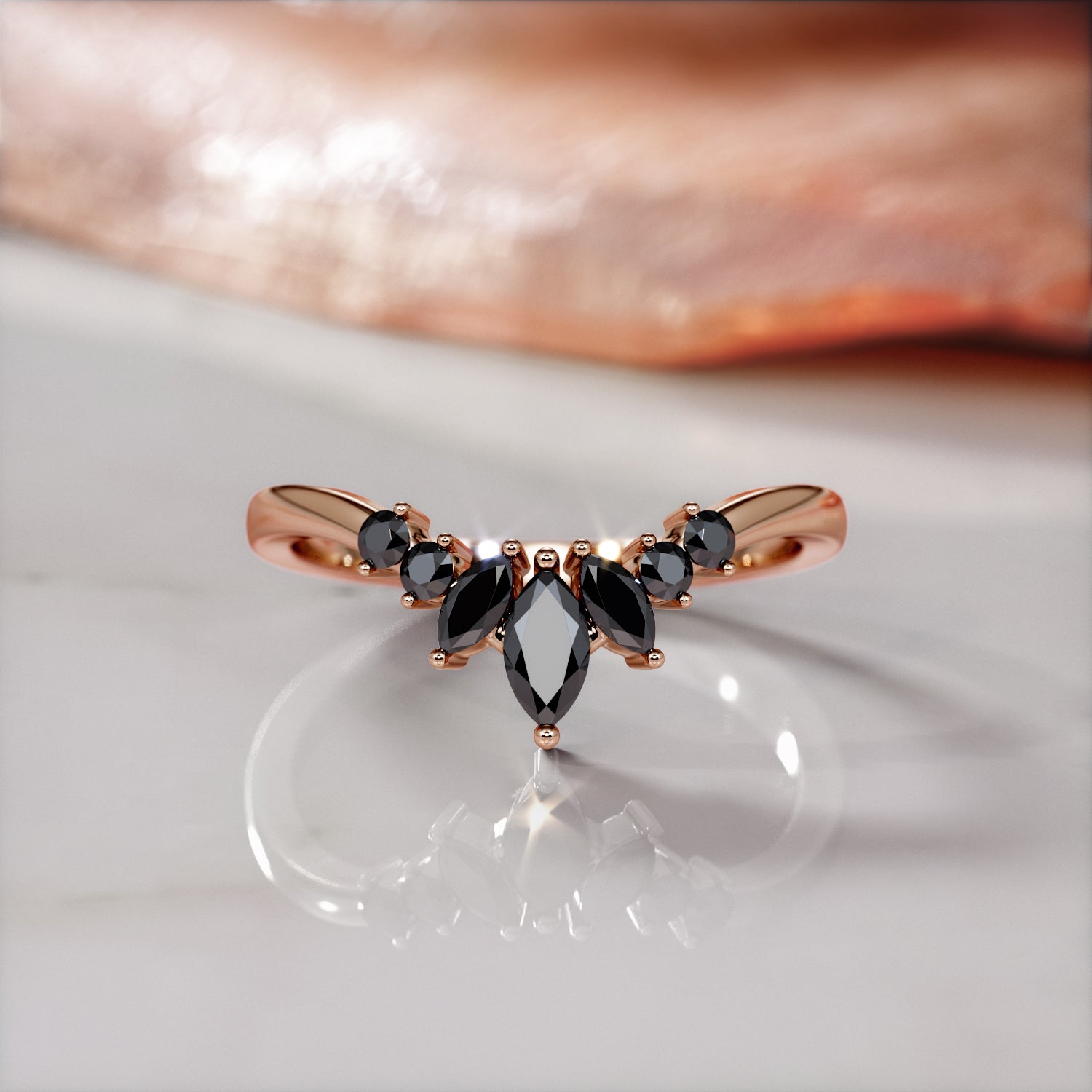 Floral Wedding Ring with Round & Marquise Cut Natural Black Diamonds