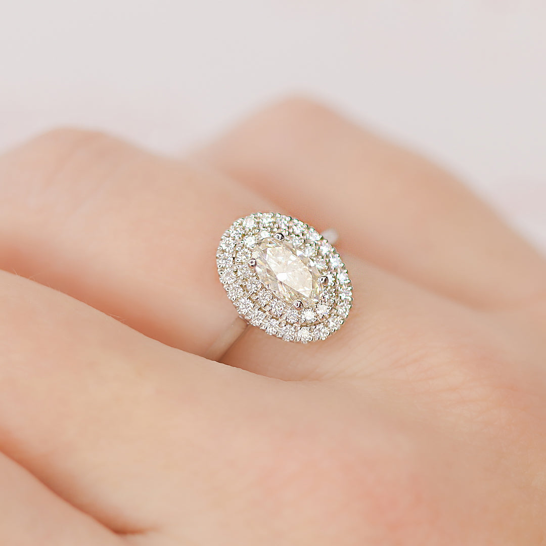 Double Halo Natural Oval Cut Diamond Engagement Ring