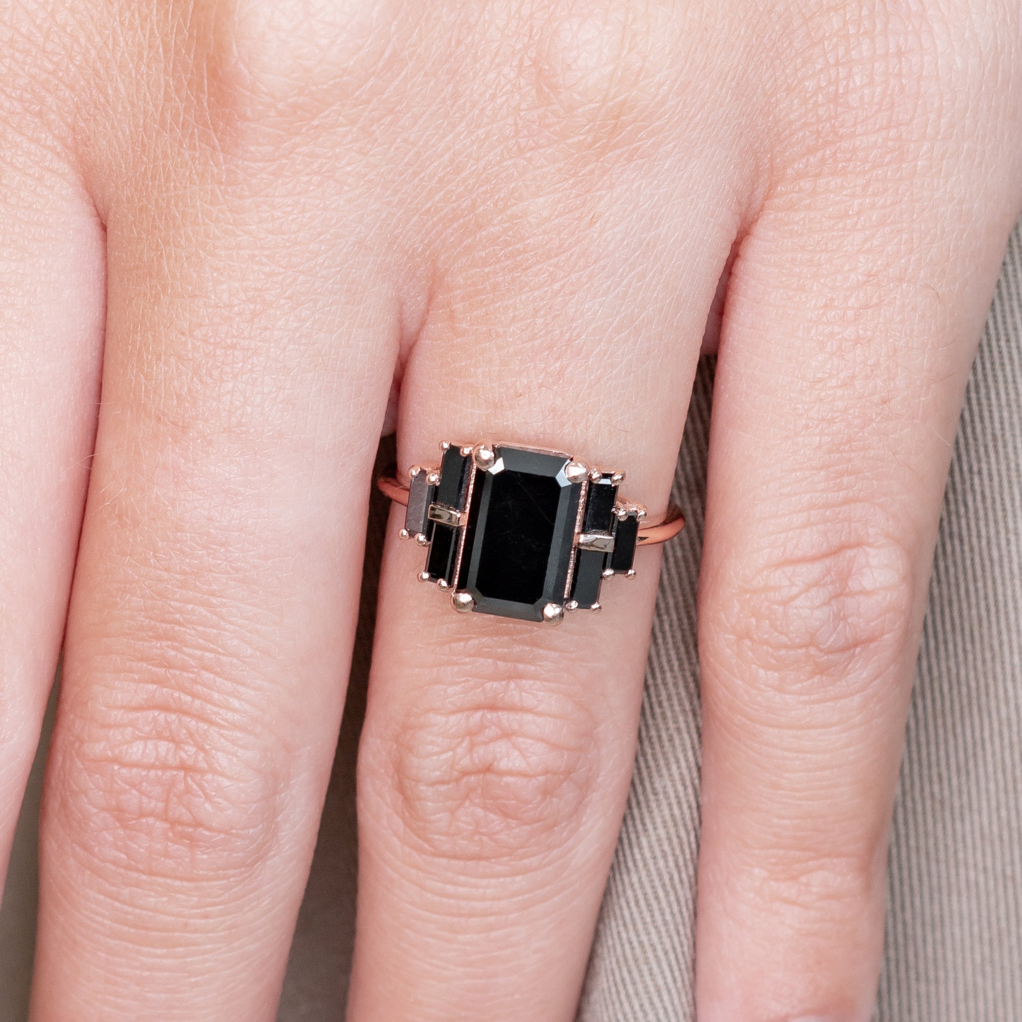 Art Deco Emerald & Baguettes Natural Black Diamond Emerald Engagement Ring
