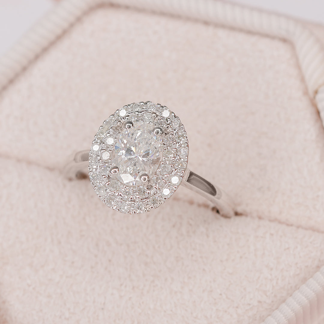 Double Halo Natural Oval Cut Diamond Engagement Ring