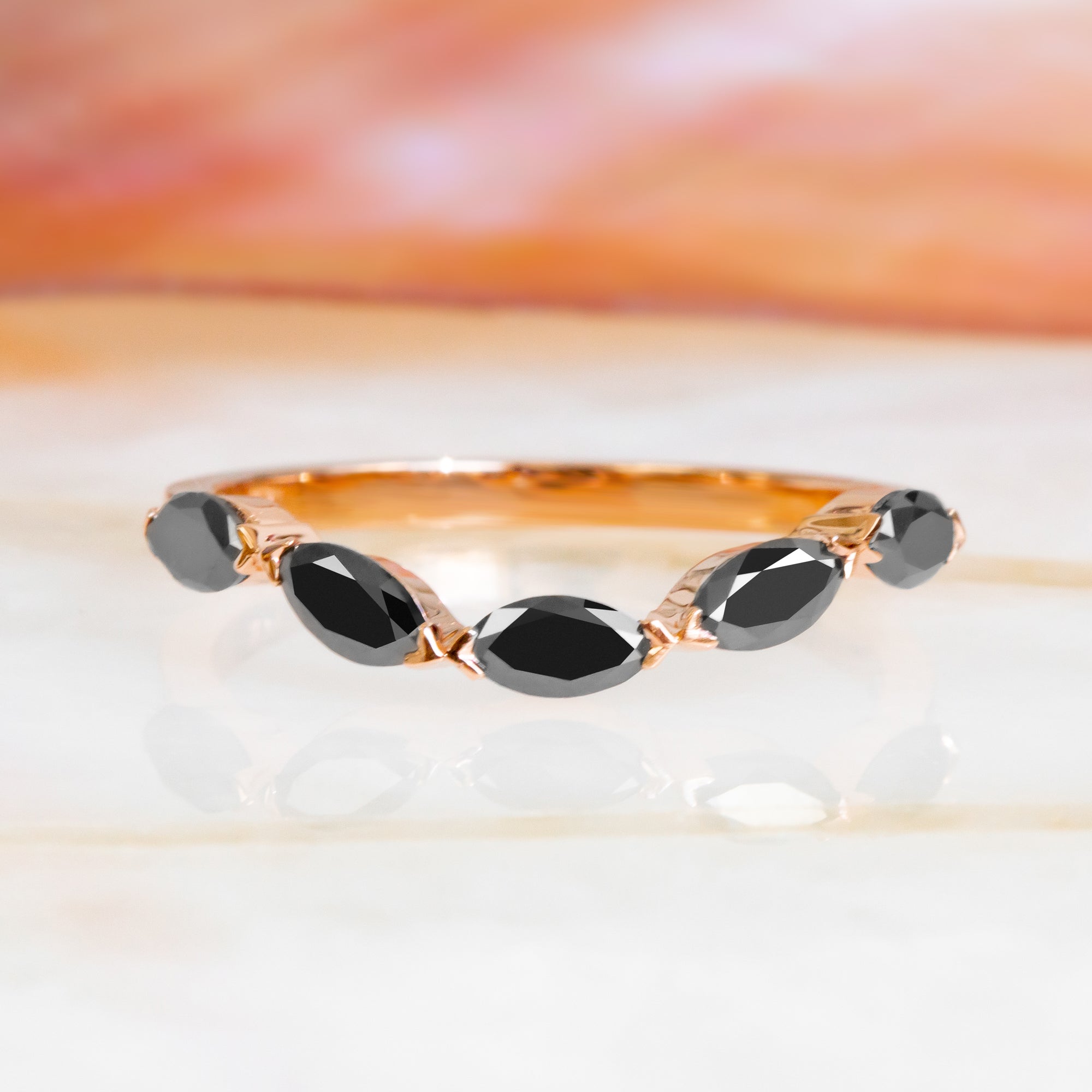 Curved Wedding Ring with Marquise Cut Natural Black Diamonds