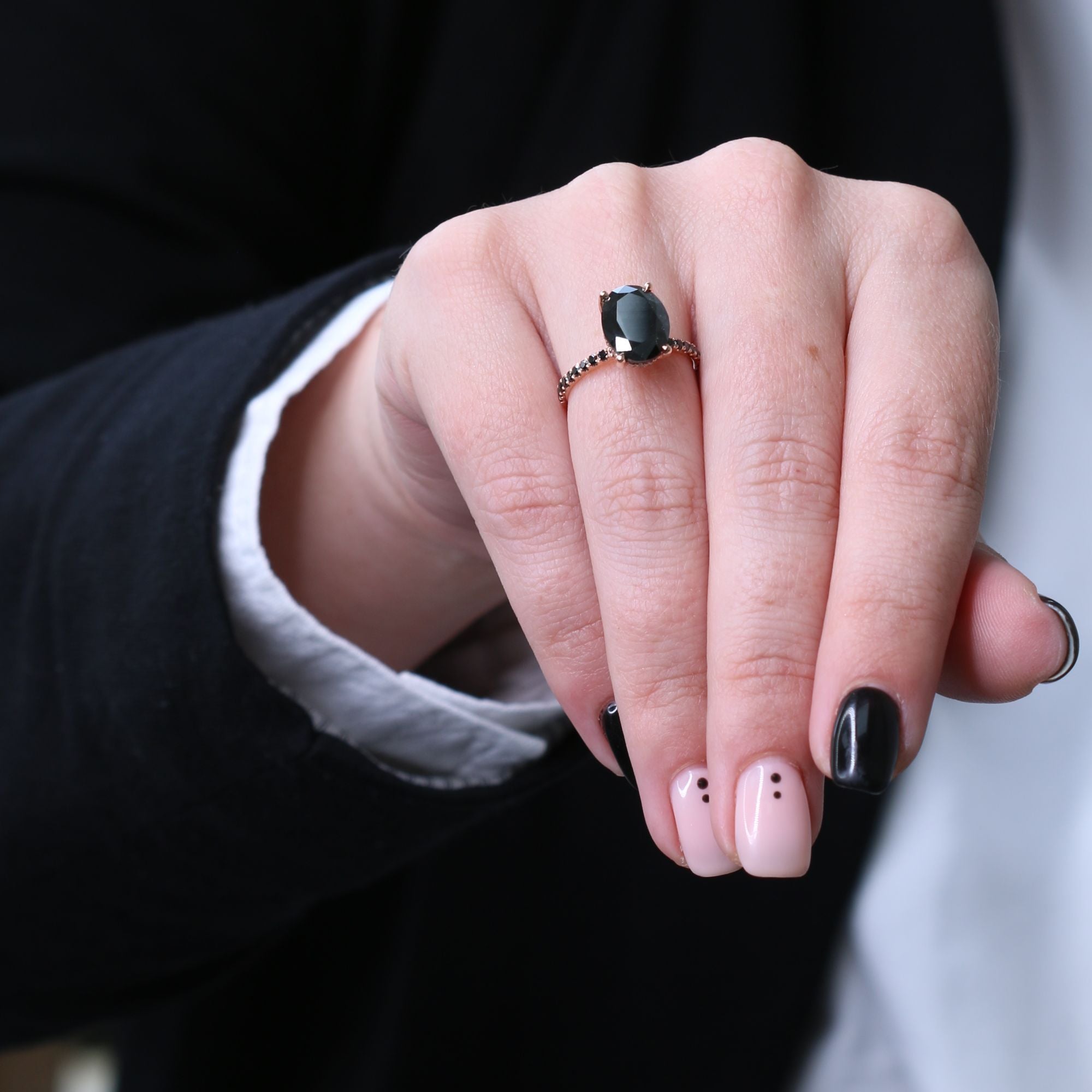 Unique  Natural Black Diamond Oval Engagement Ring