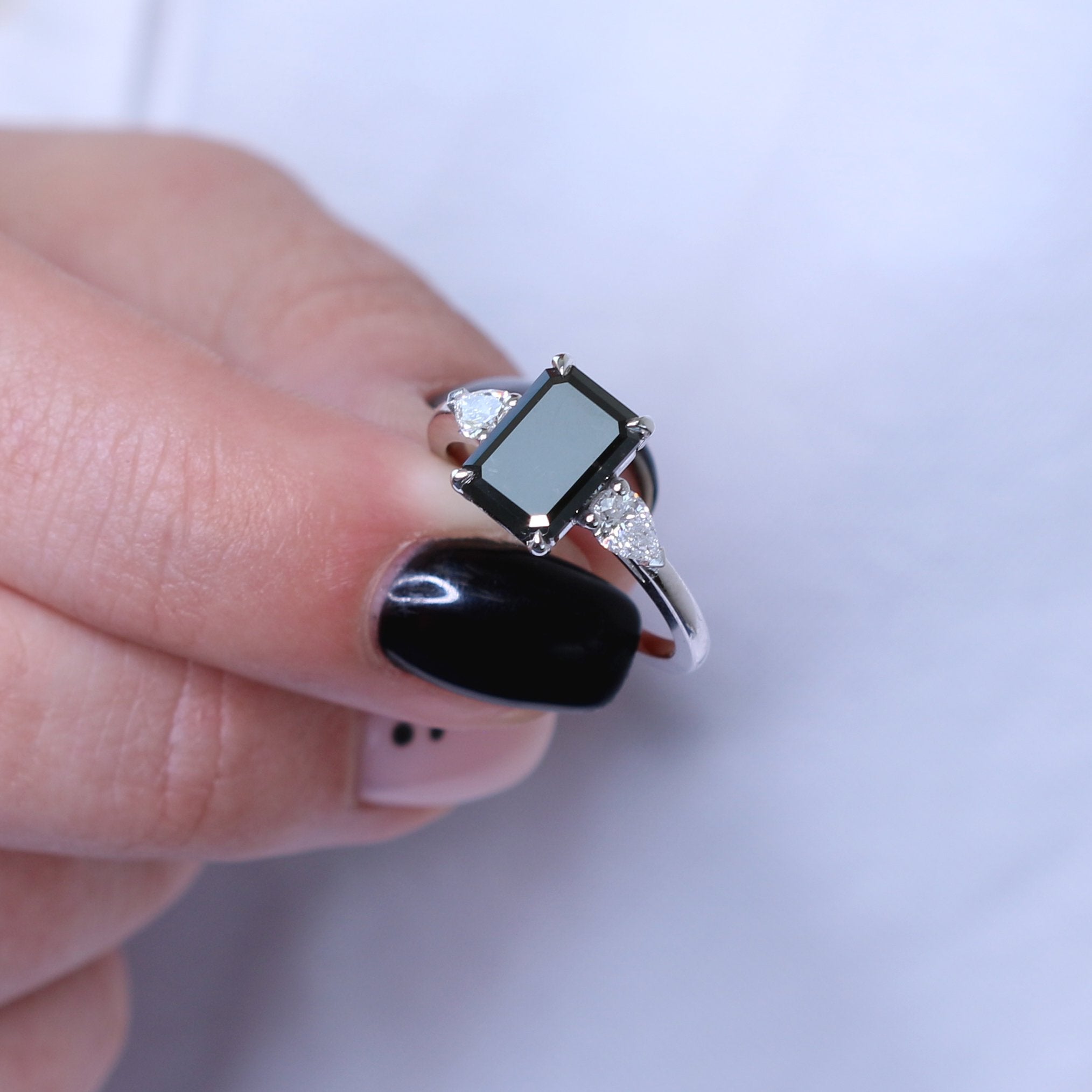 Unique  Natural Black Diamond Emerald Engagement Ring