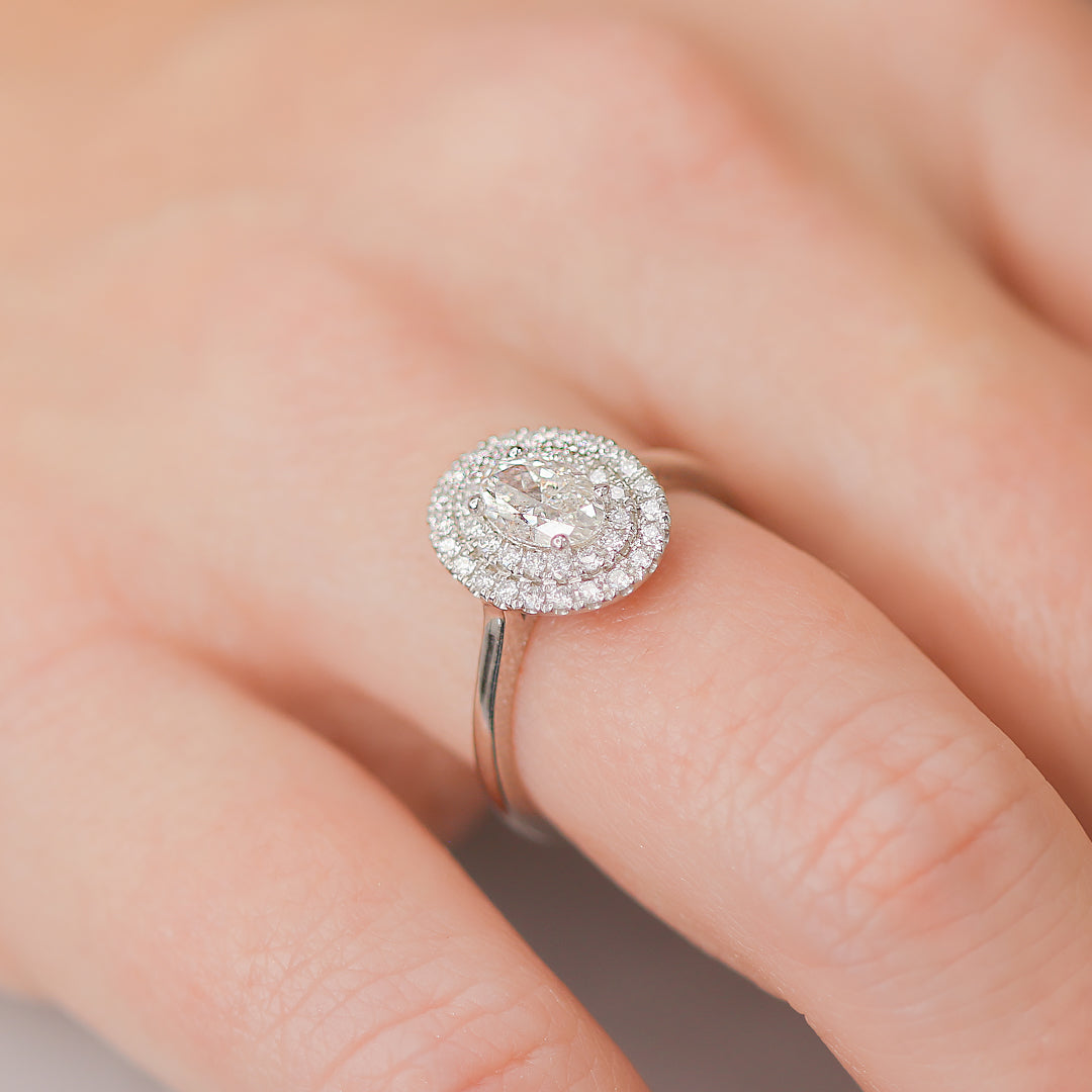 Double Halo Natural Oval Cut Diamond Engagement Ring