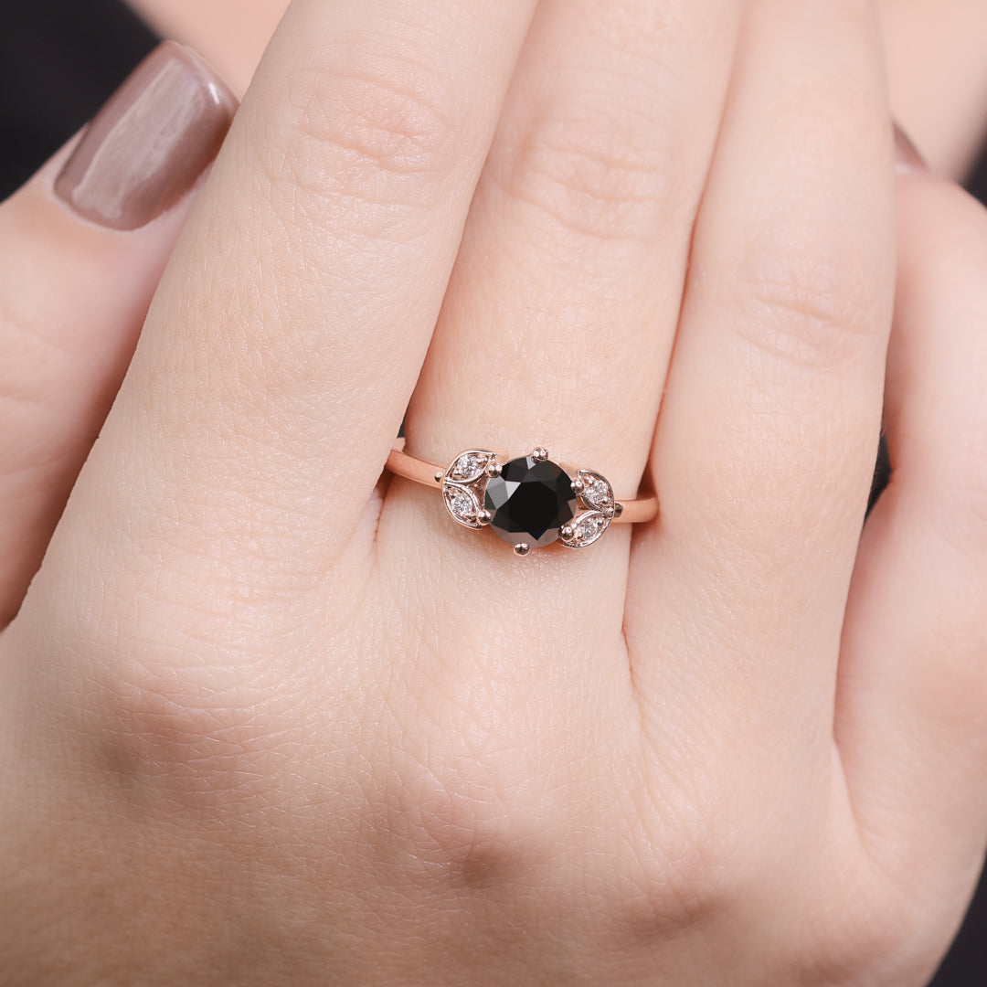 Floral  Natural Black Diamond Round Cut Engagement Ring