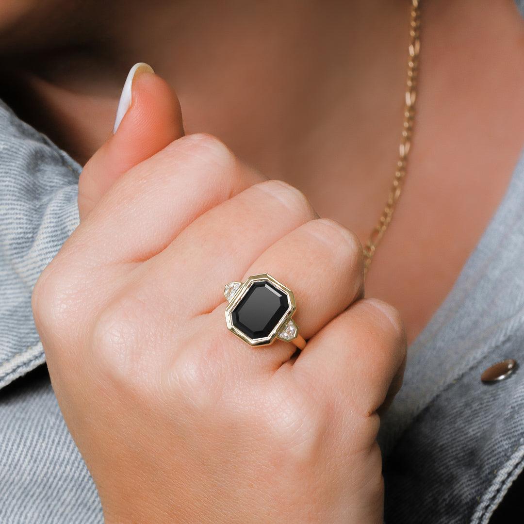 Bezel Natural Black Diamond Emerald Cut Engagement Ring