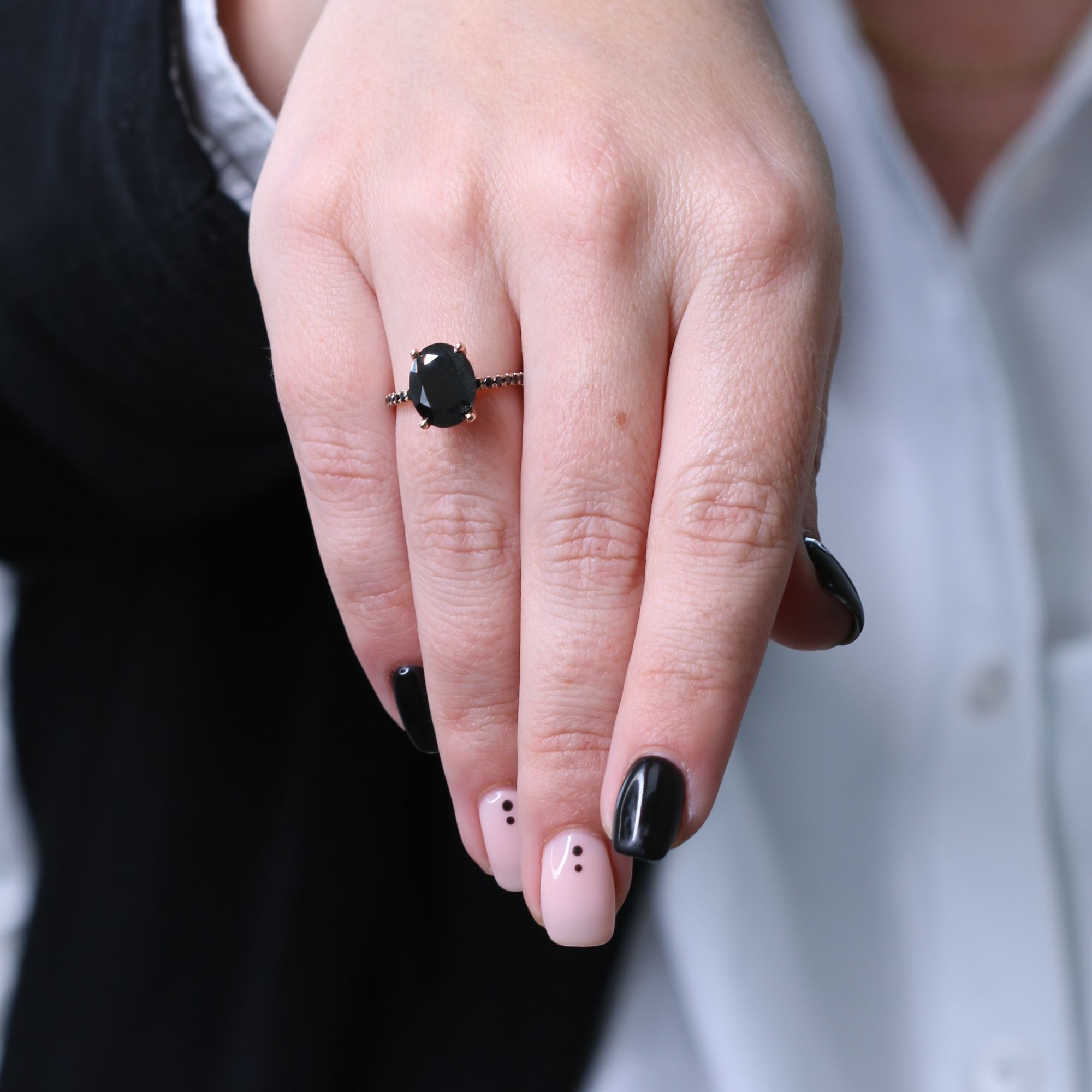 Unique  Natural Black Diamond Oval Engagement Ring