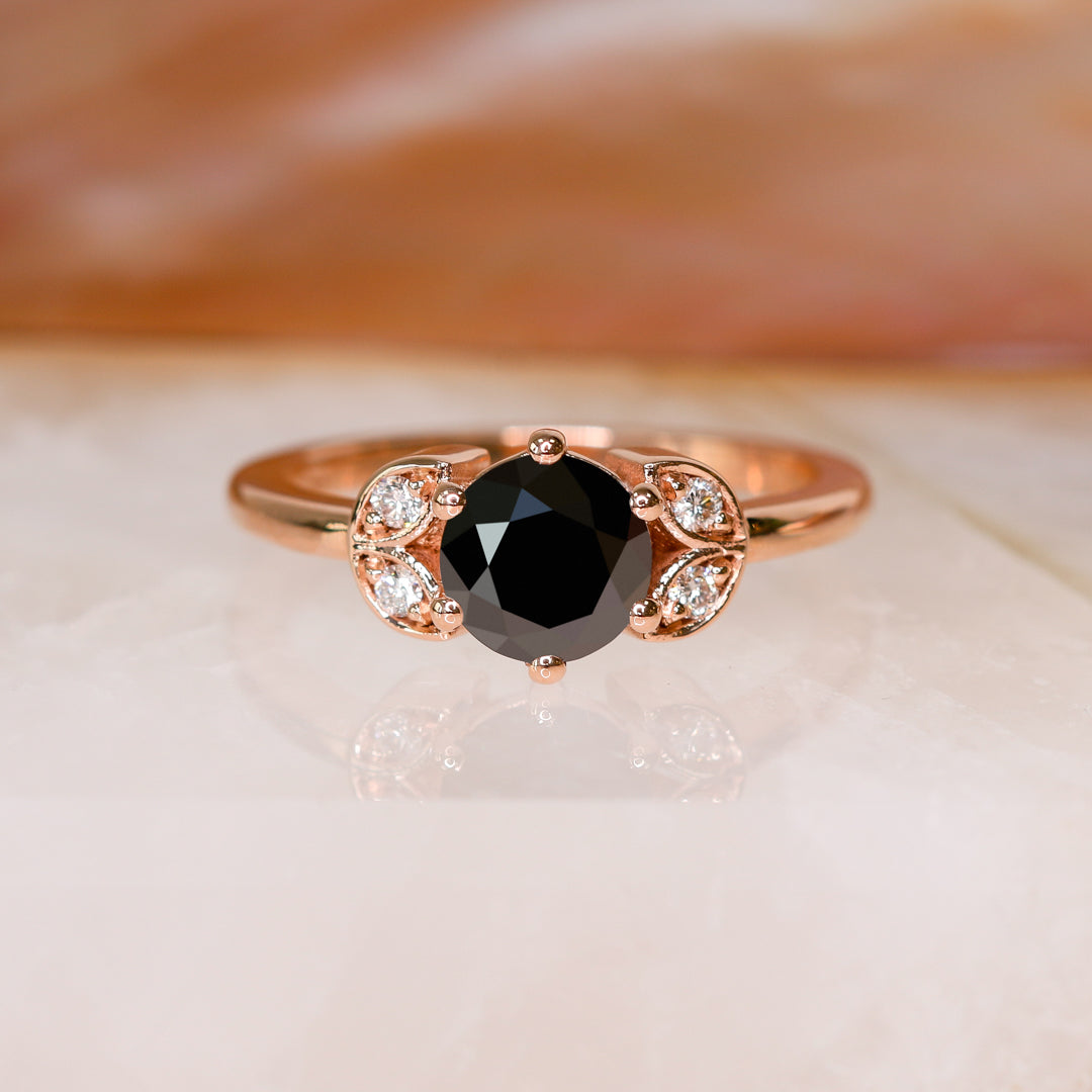 Floral  Natural Black Diamond Round Cut Engagement Ring