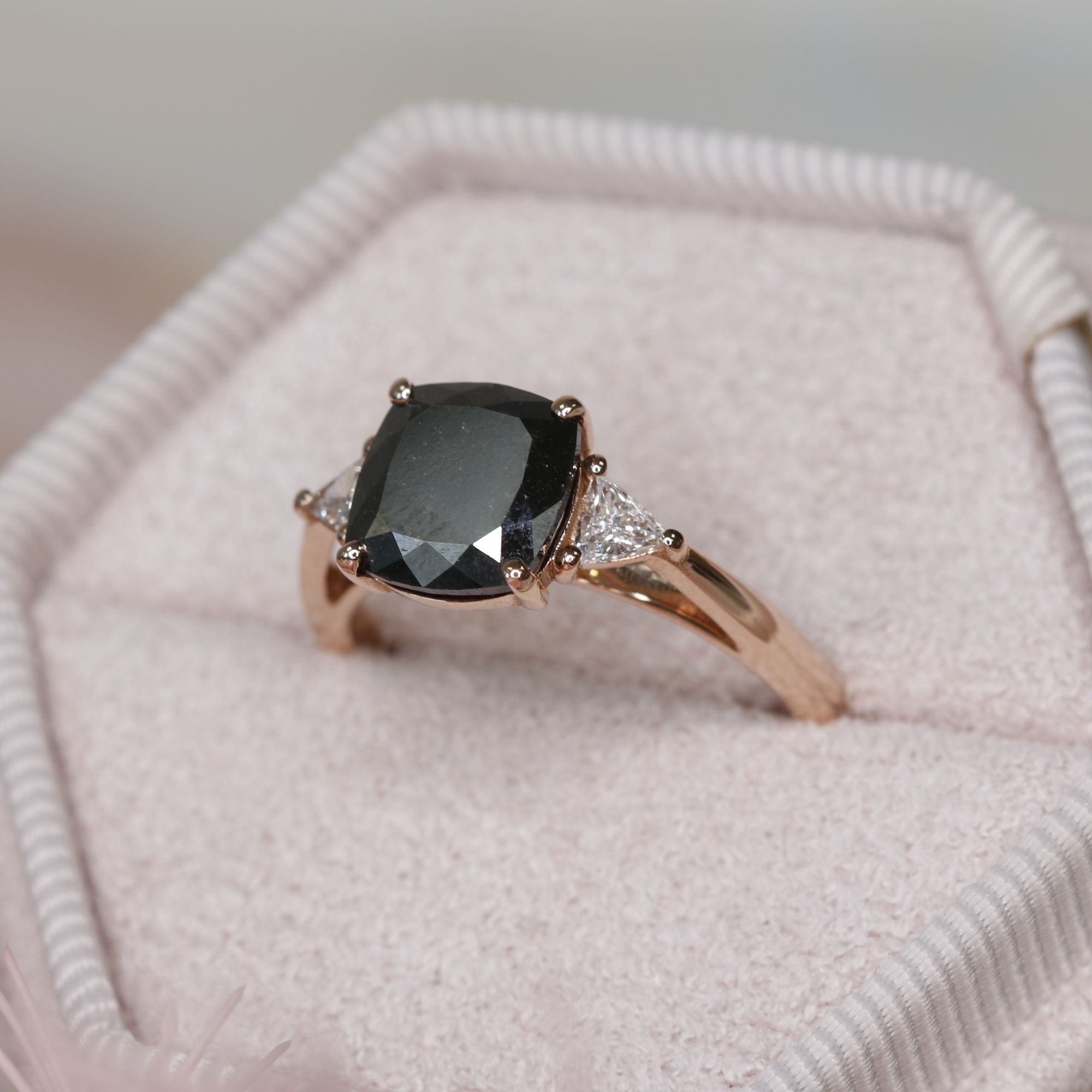 Unique  Natural Black Diamond Cushion Engagement Ring