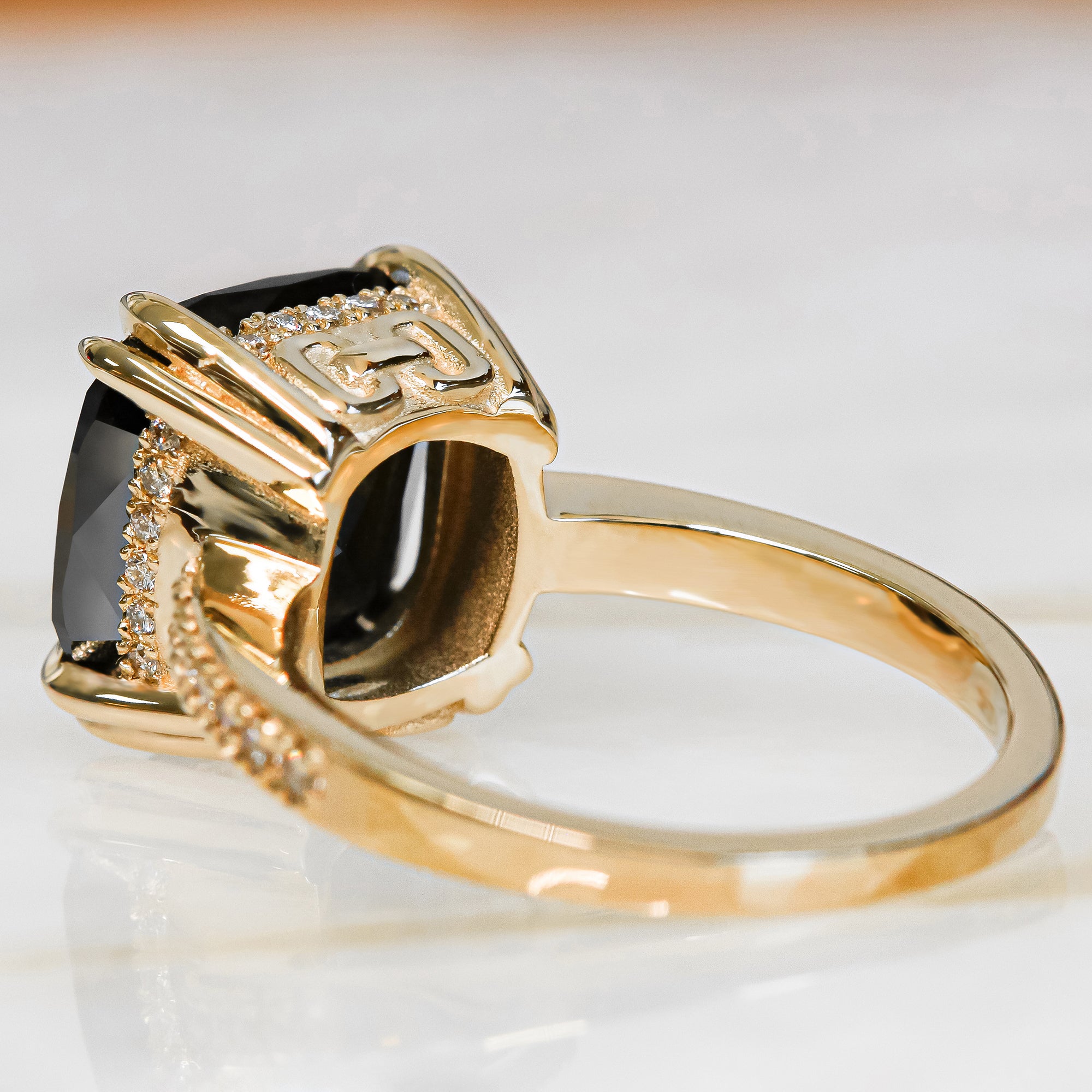 Art Deco Natural Black & White Diamond Cushion Engagement Ring