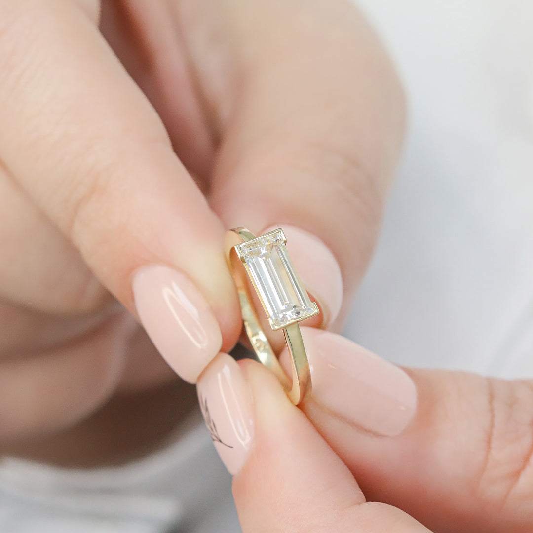 Semi Bezel Natural East-West Baguette Cut  Diamond Engagement Ring