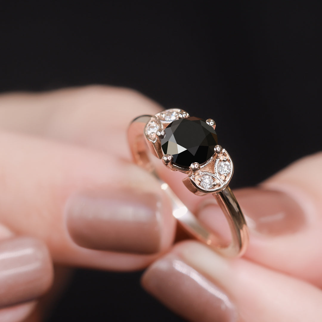 Floral  Natural Black Diamond Round Cut Engagement Ring