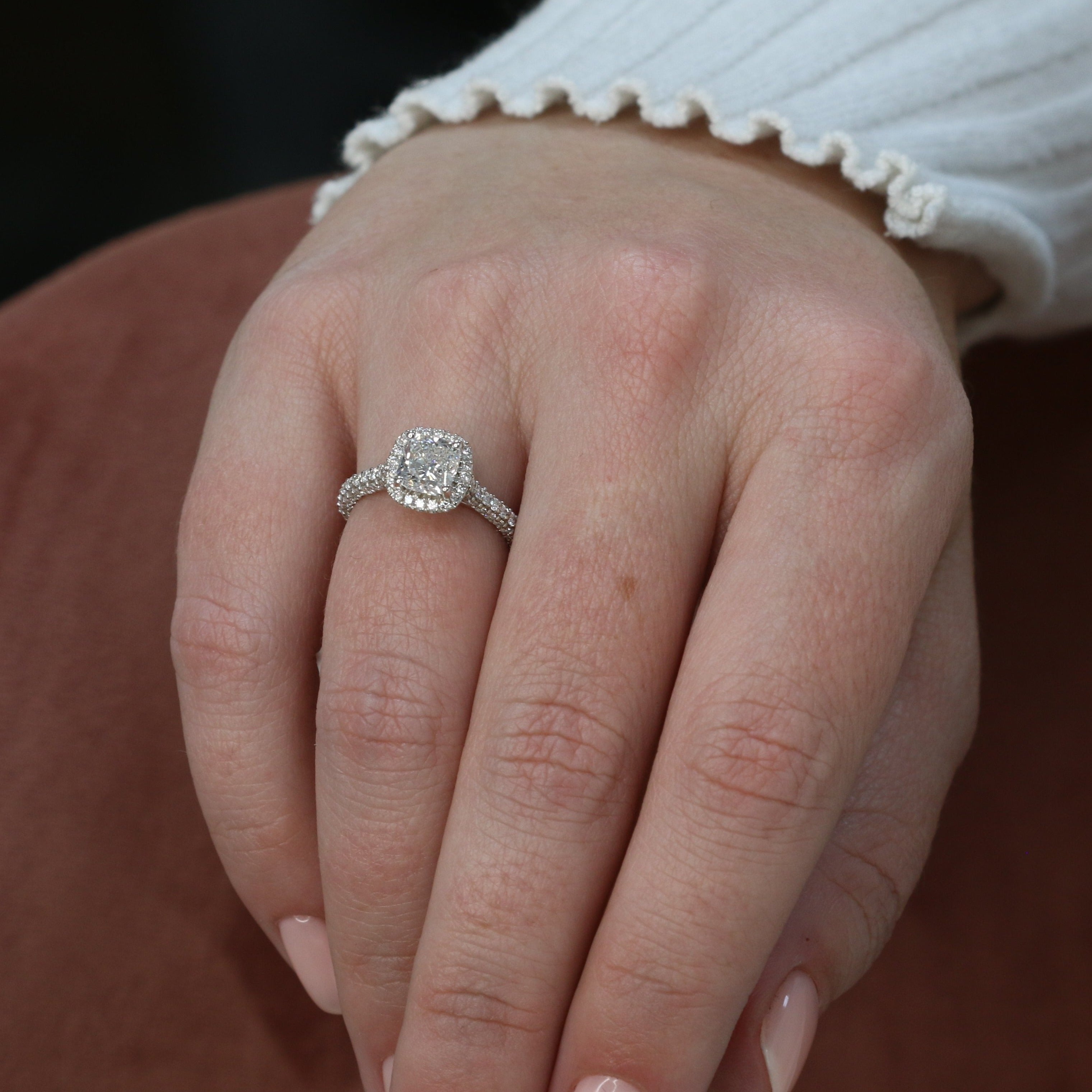 3-Rows Cathedral Natural Cushion Diamond Engagement Ring