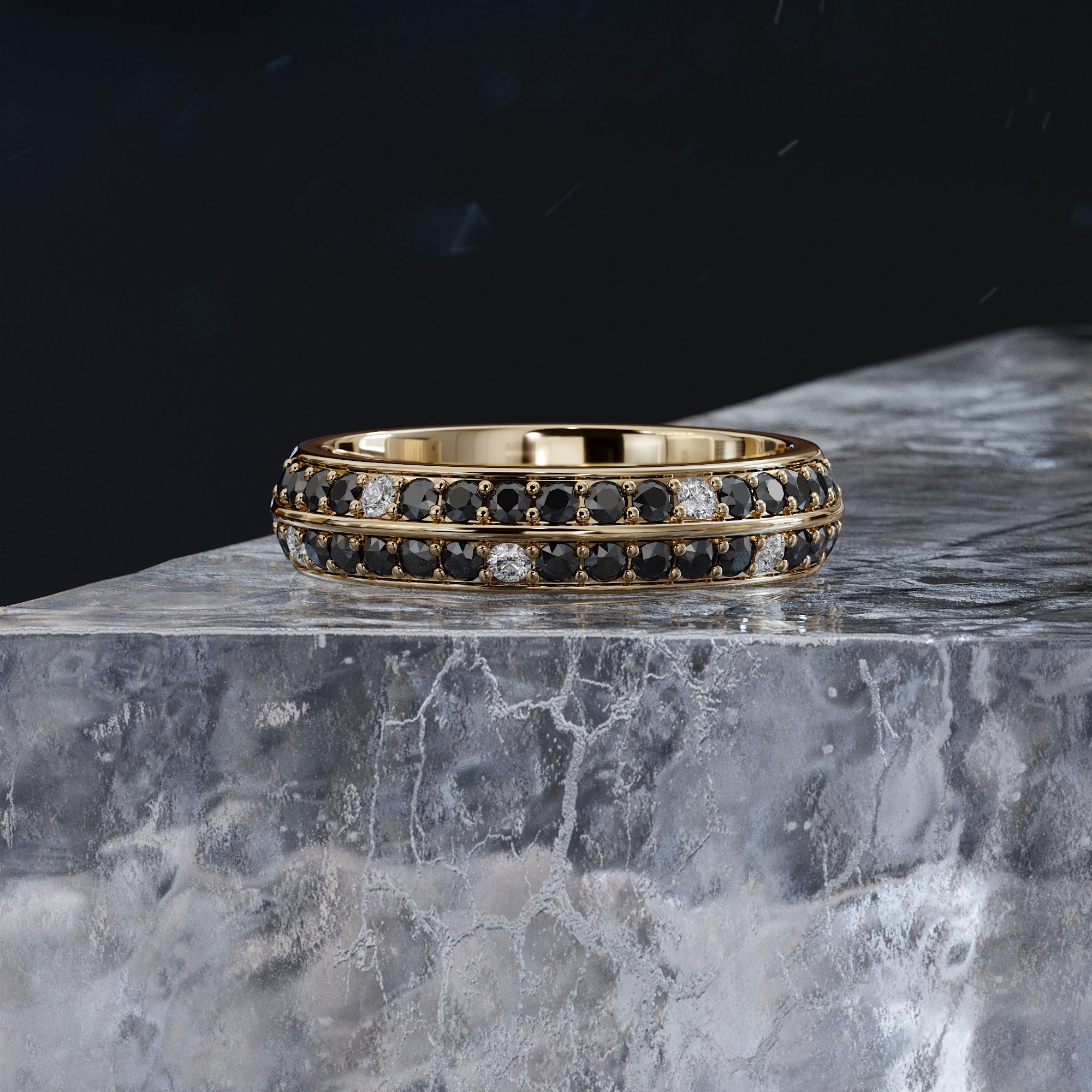 Unique Natural Black & White Diamond Ring in Yellow Gold