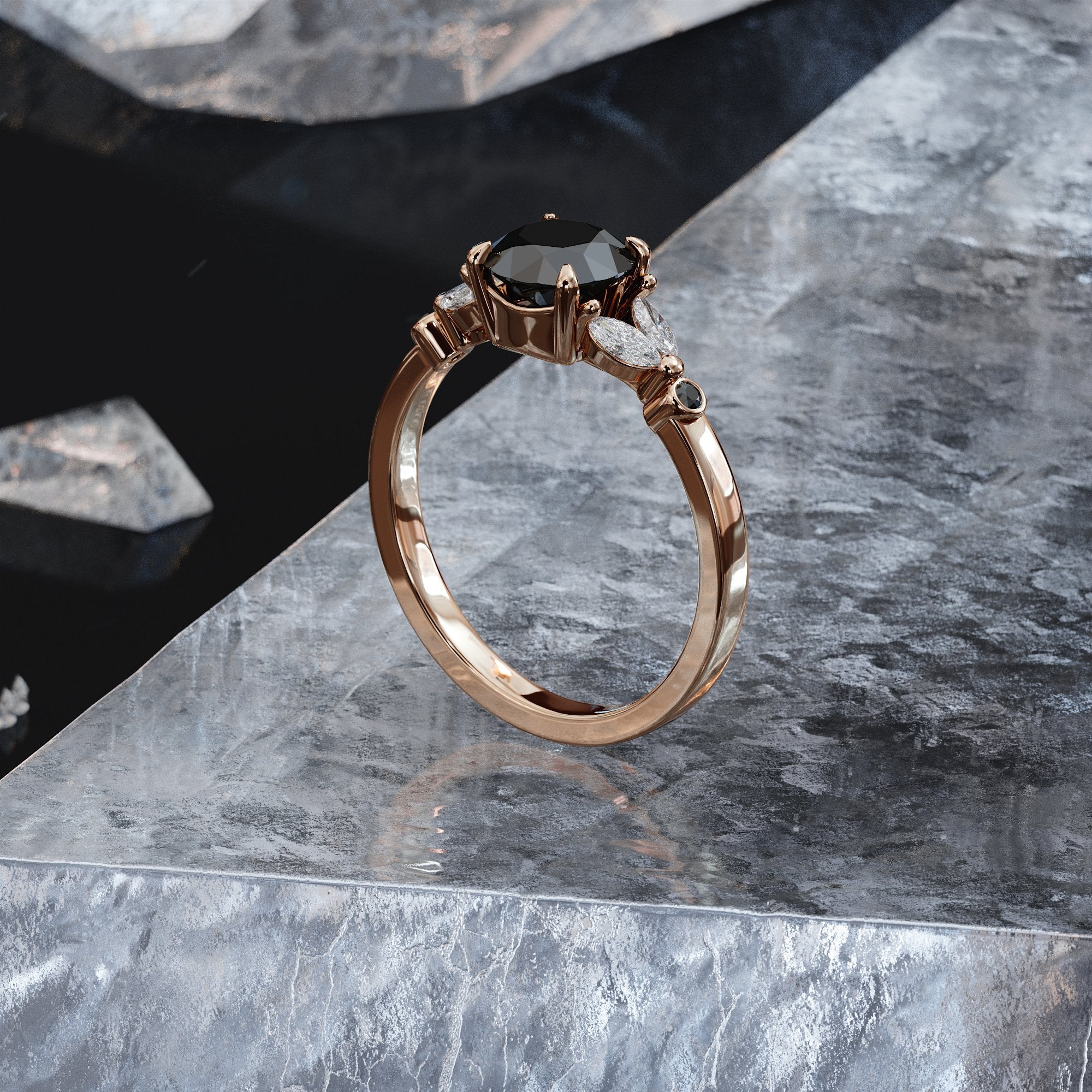 Floral  Natural Black & White Marquise Diamond Ring