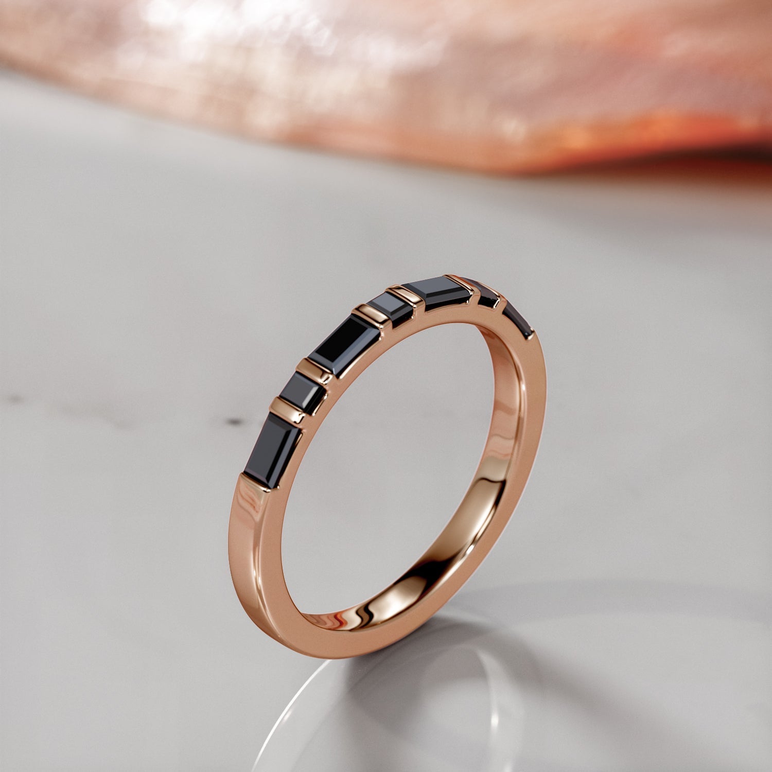 Geometric Wedding Ring with Baguette Cut Natural Black Diamonds