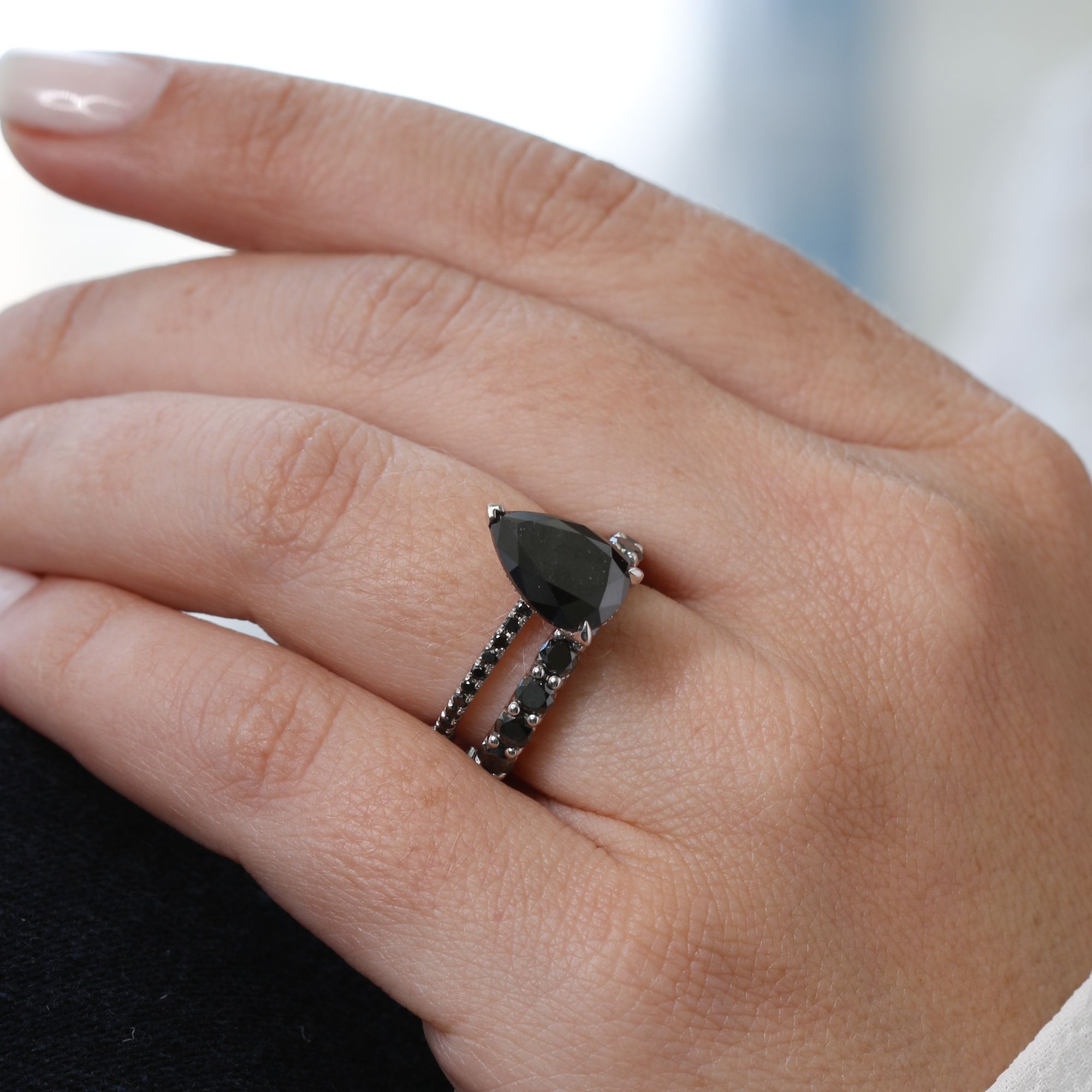 Alternative Natural Black Diamond Pear Cut Engagement Ring
