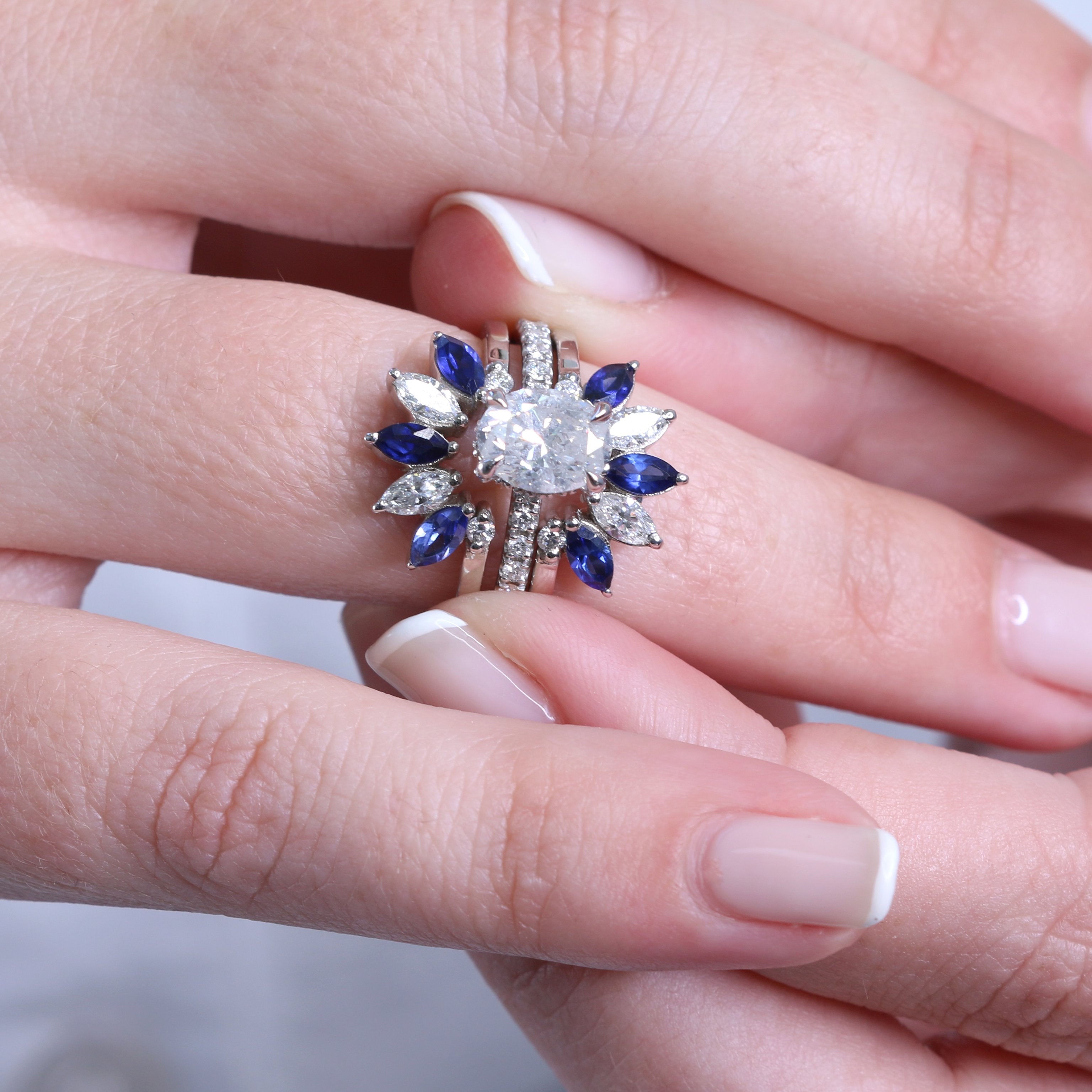 Flower Natural Marquise cut Diamond & Sapphire Wedding Band