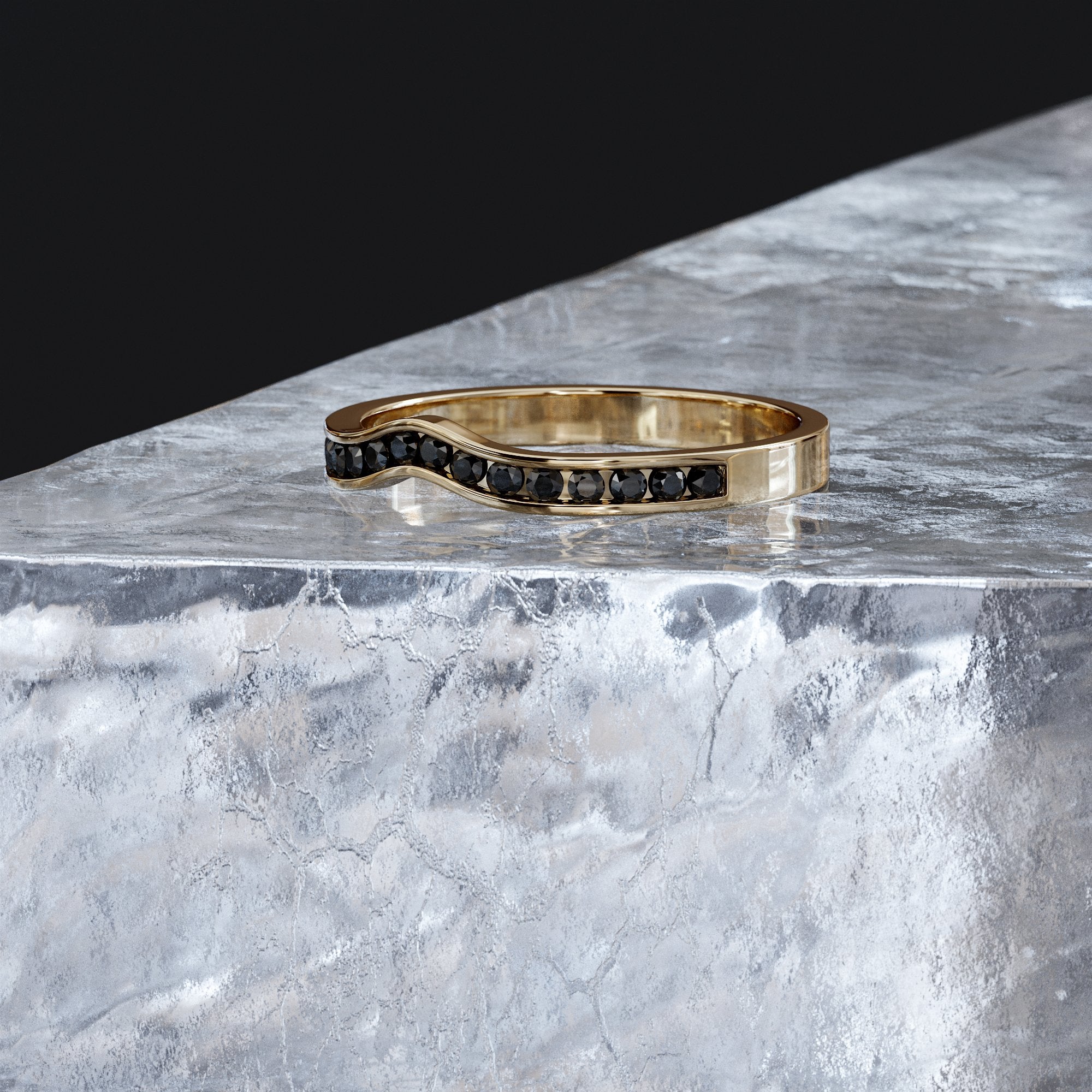Wedding Ring with Cut Natural Black Diamonds