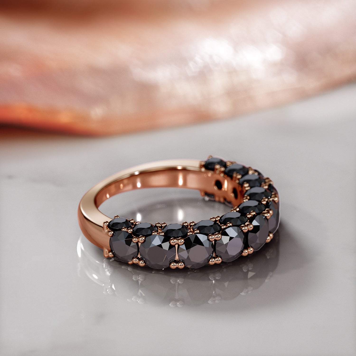 3-Row Wedding Ring with Round Cut Natural Black Diamonds