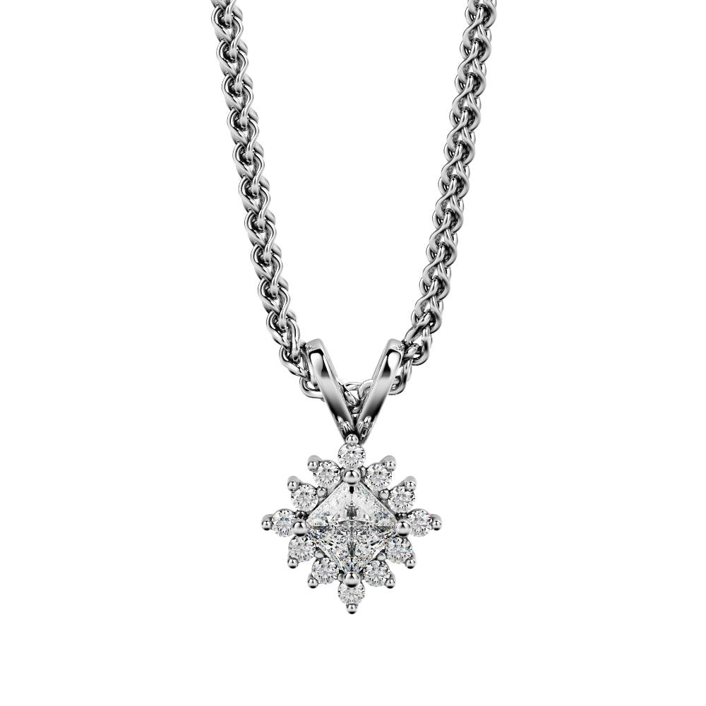 DIagonal Natural Diamond Halo Pendant with a White Necklace