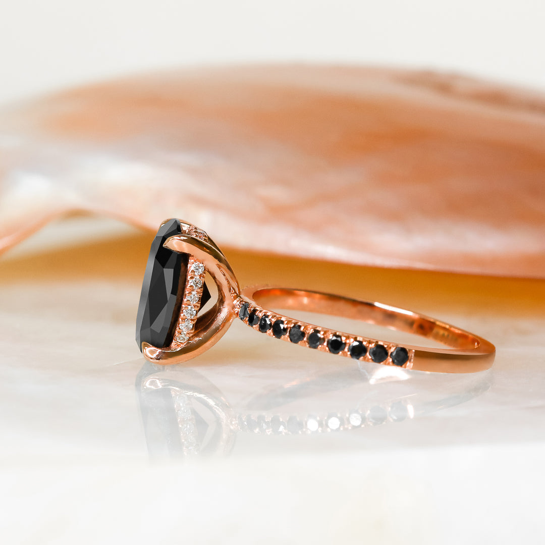 Black & White  Natural Black Diamond Oval Engagement Ring