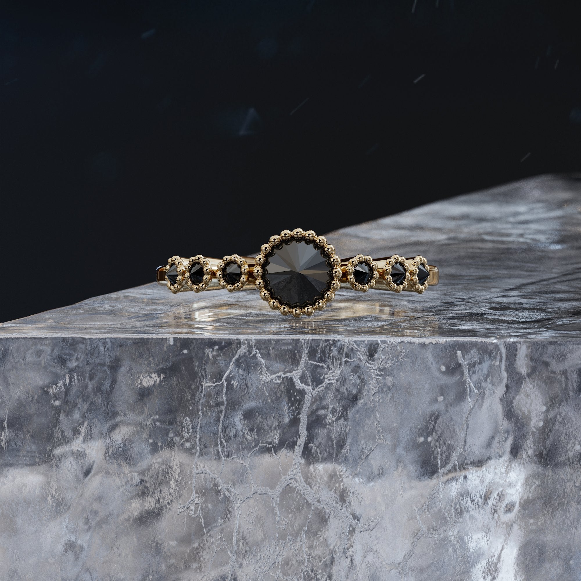 Unique  Natural Black Diamond Round Engagement Ring