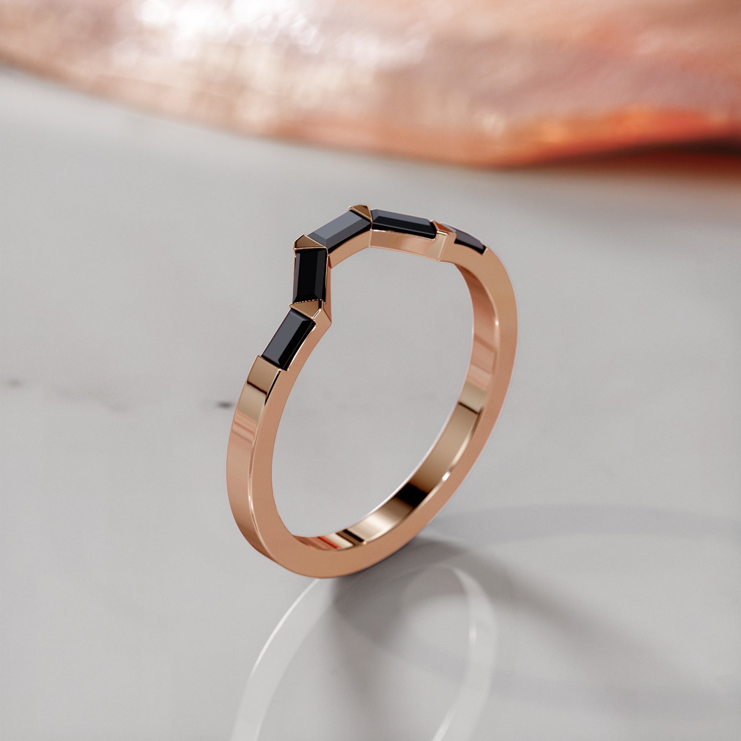 Black Widow - Geometric Wedding Ring with Baguette Cut Natural Black Diamonds