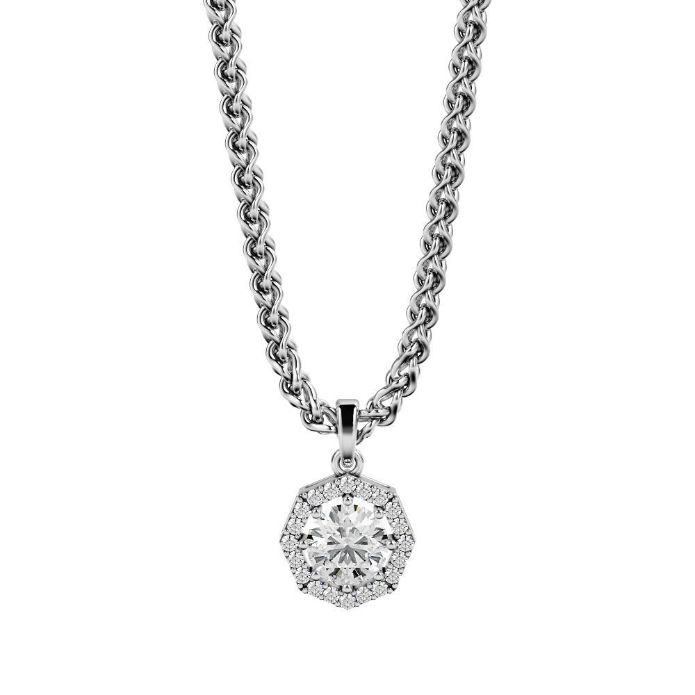 Octagon Natural Diamond Halo Pendant with a White Necklace