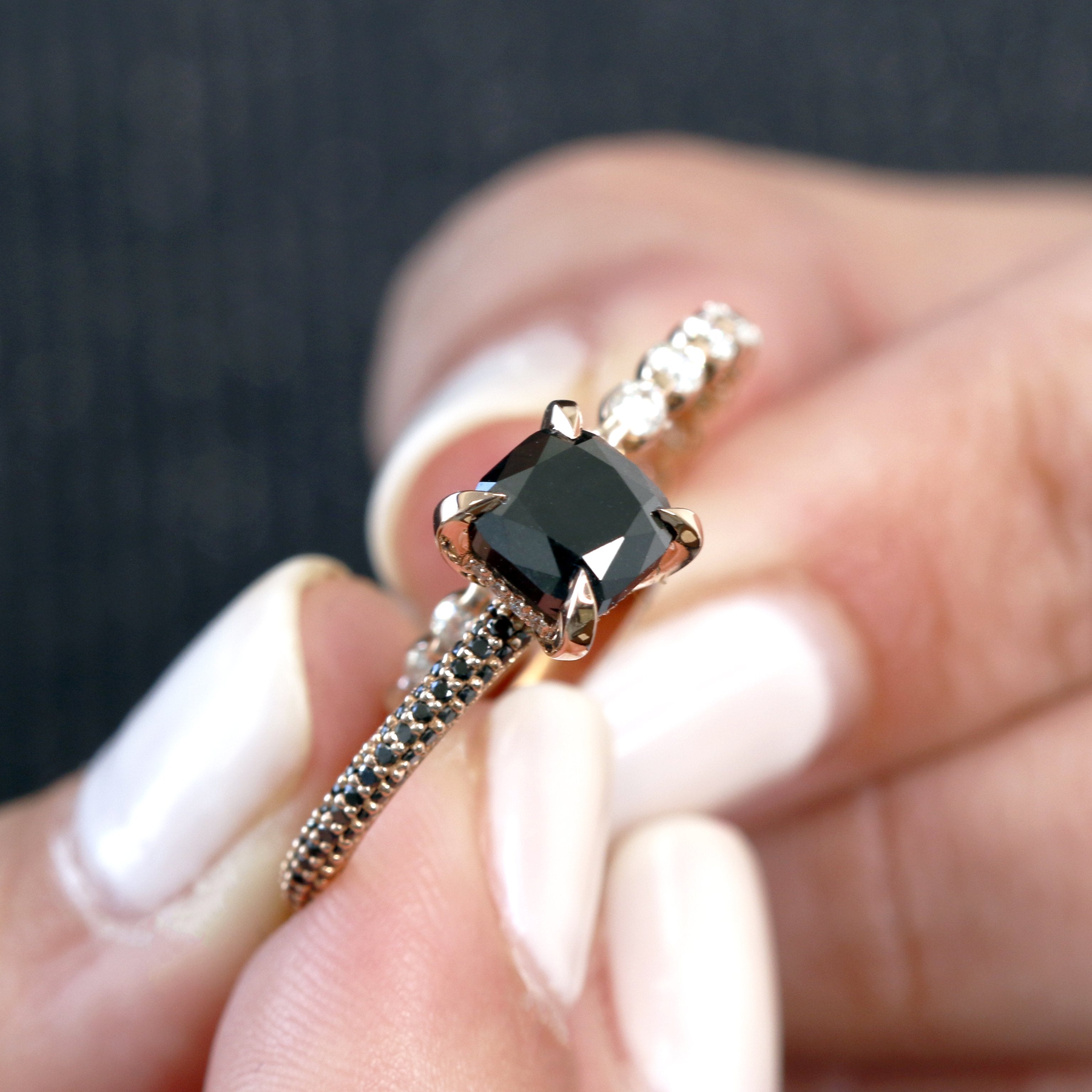 Unique  Natural Black & White Diamond Cushion Cut Engagement Ring