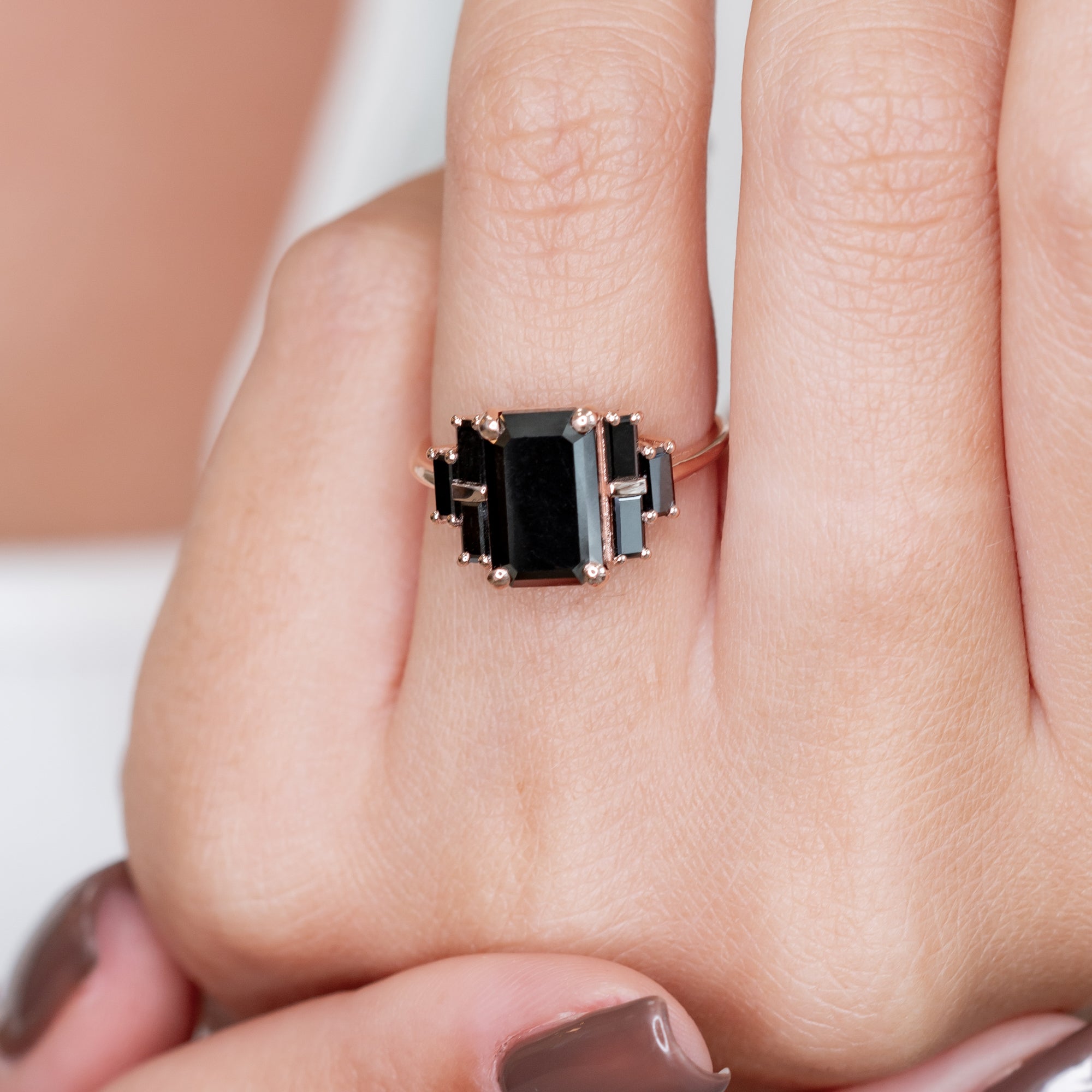 Art Deco Emerald & Baguettes Natural Black Diamond Emerald Engagement Ring