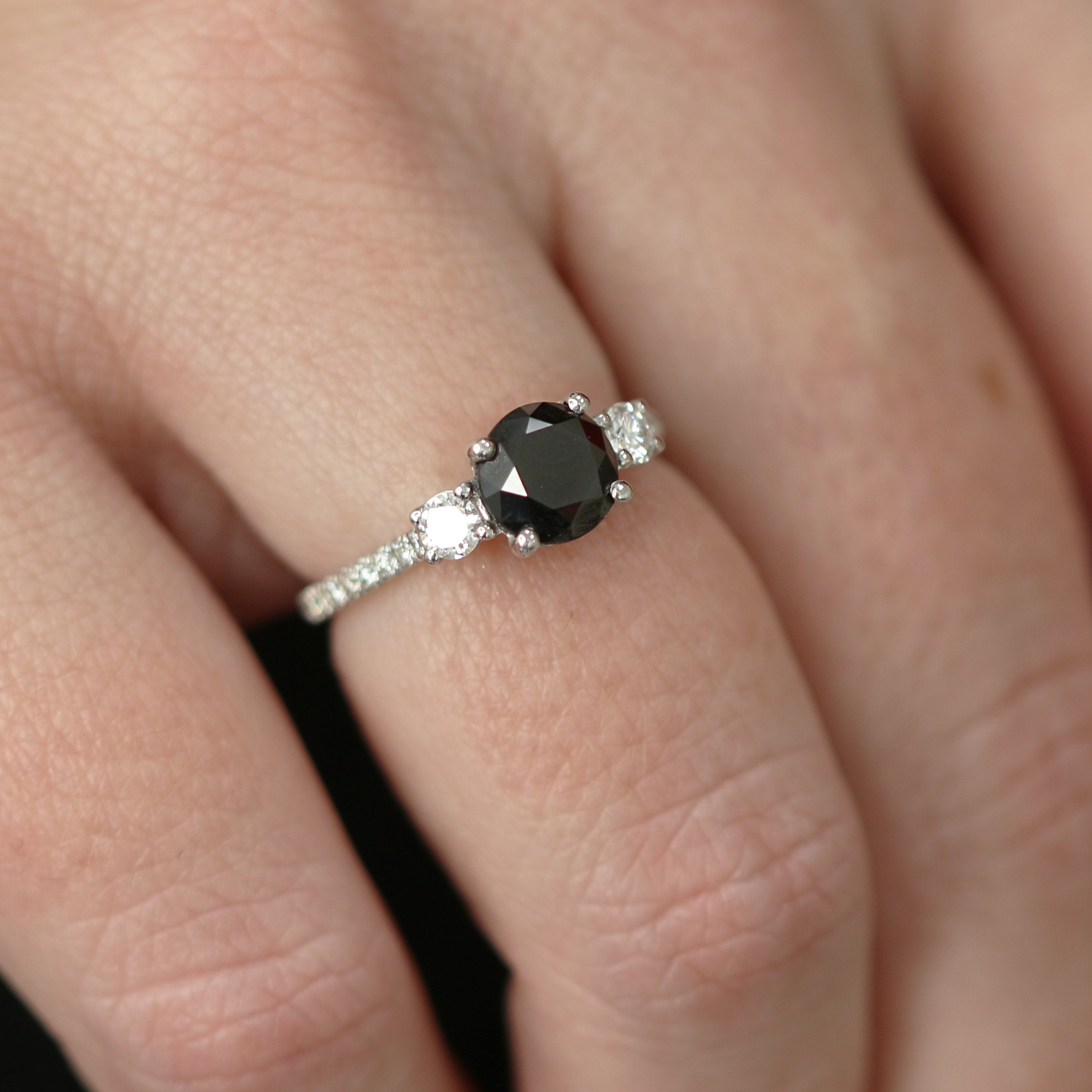 Unique  Natural Black Diamond Round Engagement Ring