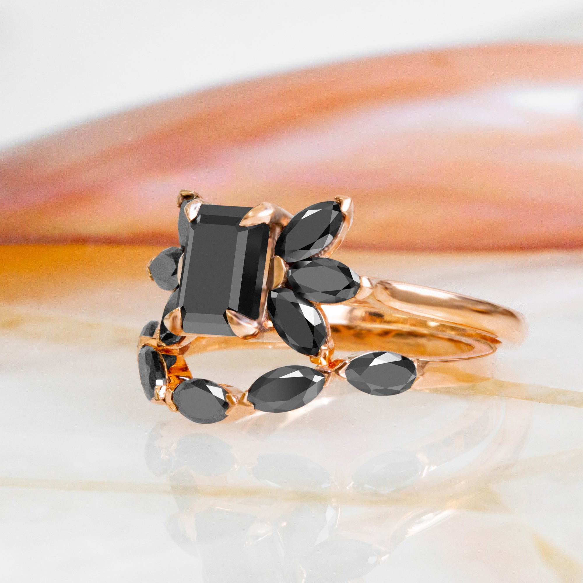 Natural Black Diamond Emerald Cut Engagement Ring