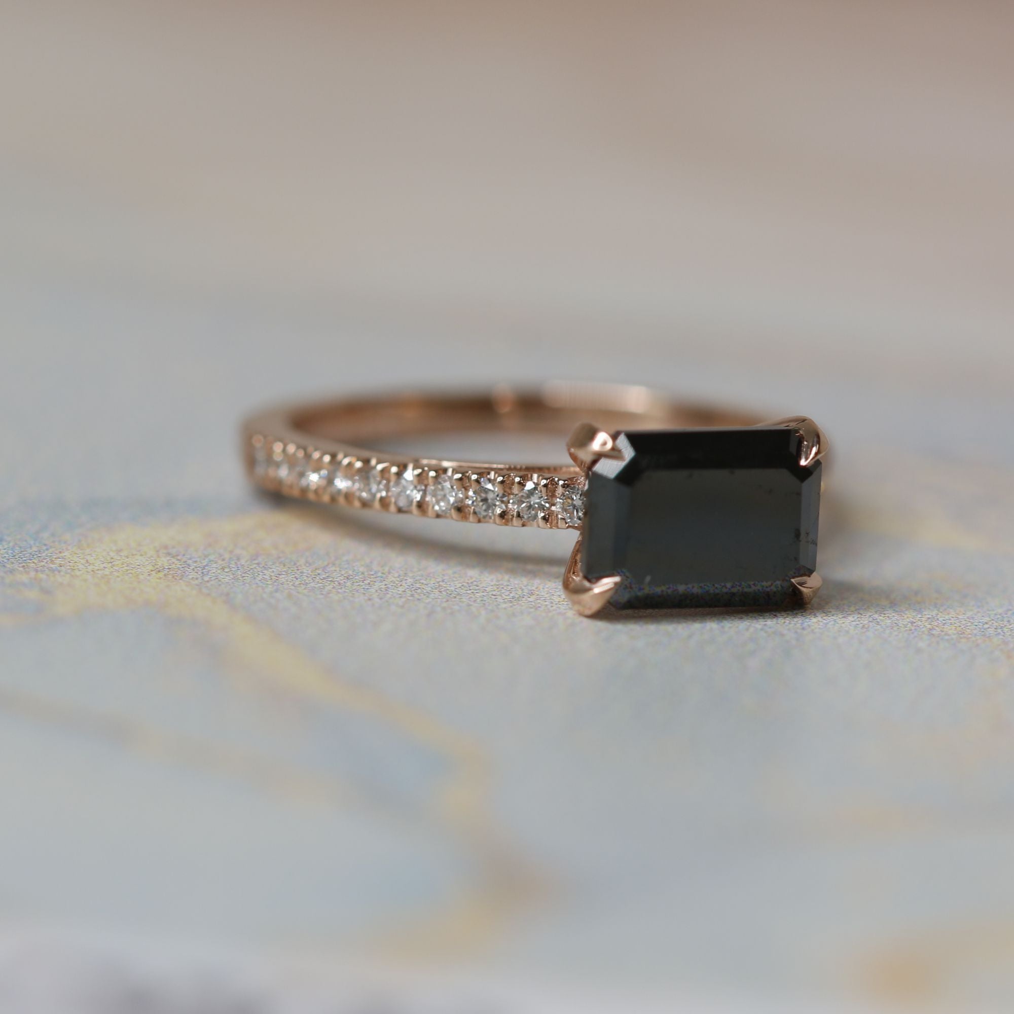 Unique  Natural Black Diamond Emerald Engagement Ring