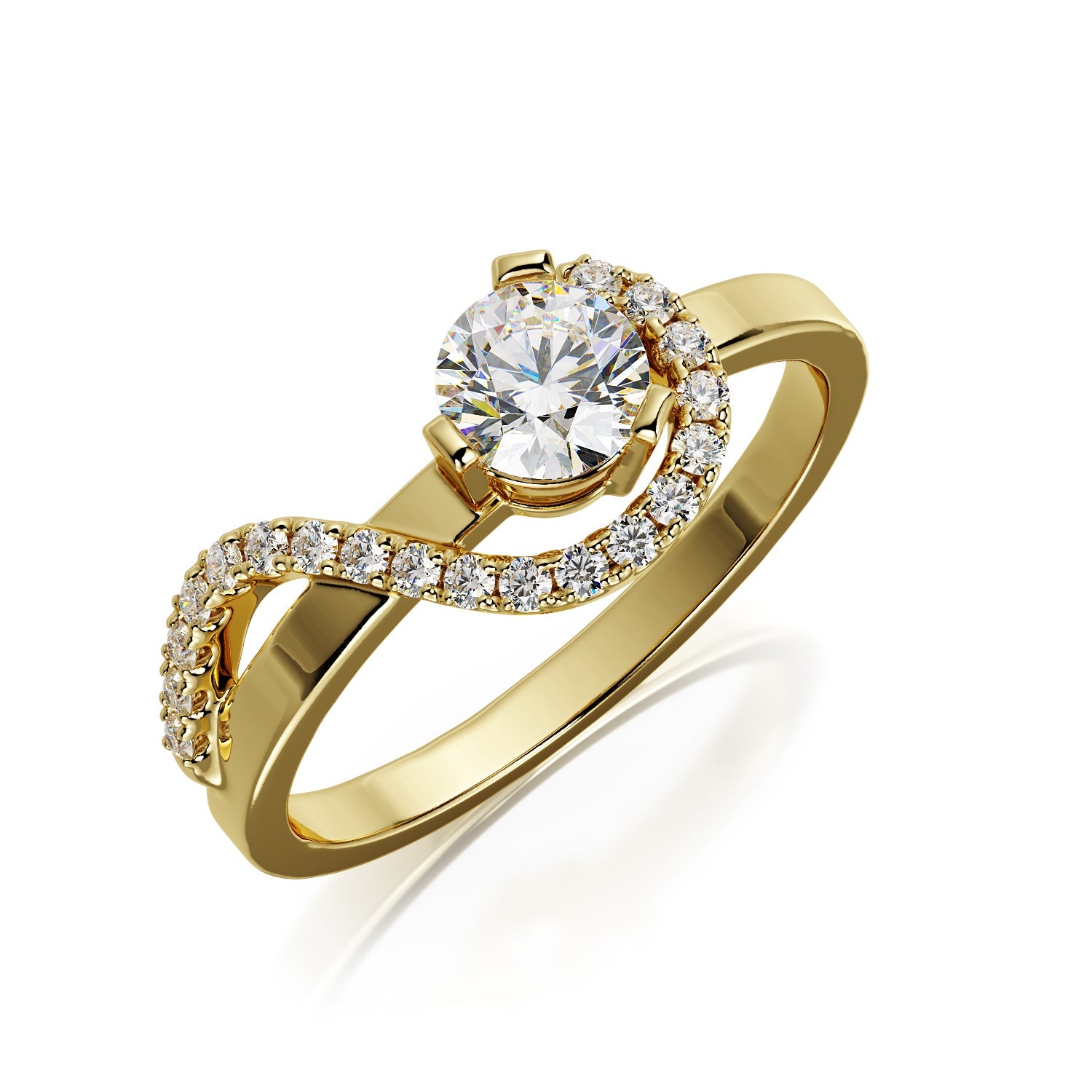 Wavey Natural Round  Diamond Engagement Ring in Yellow Gold