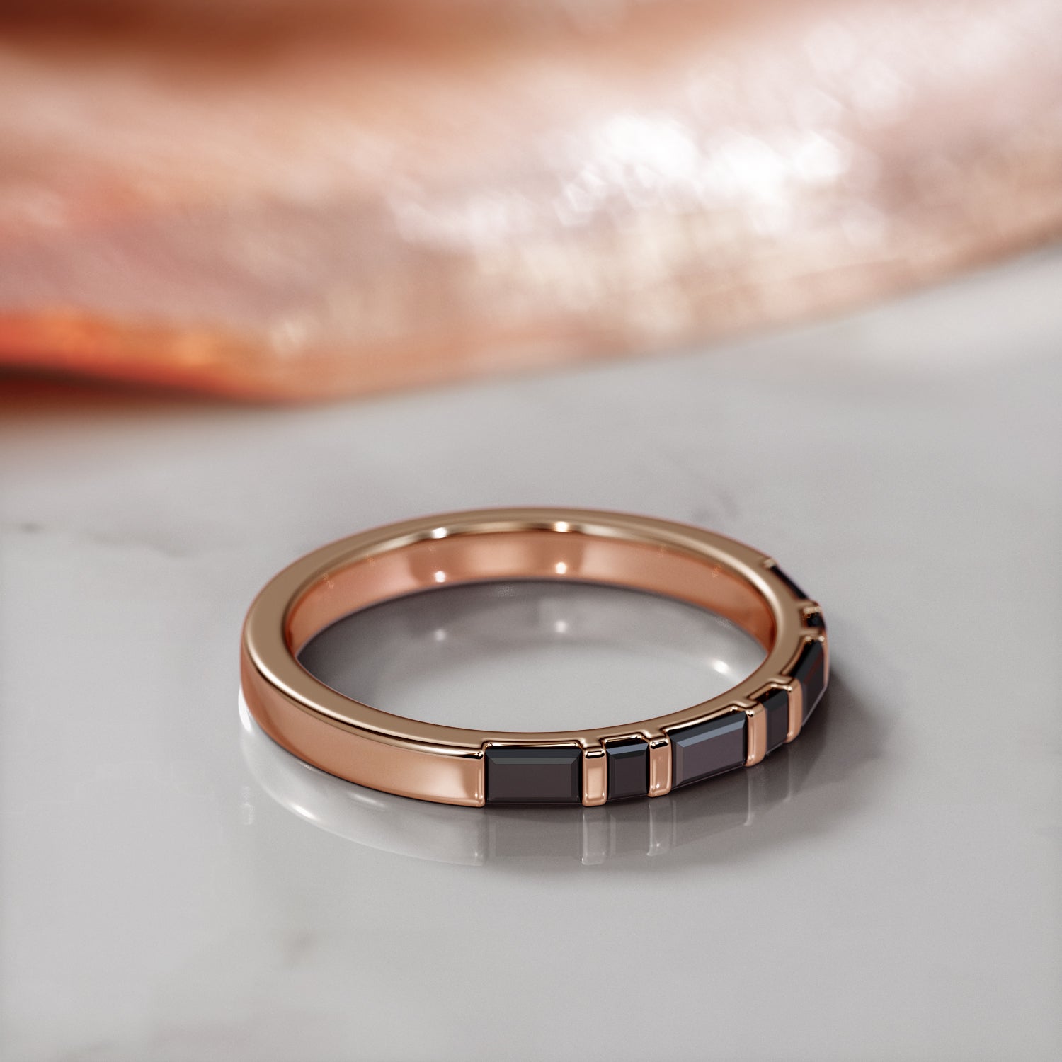 Geometric Wedding Ring with Baguette Cut Natural Black Diamonds