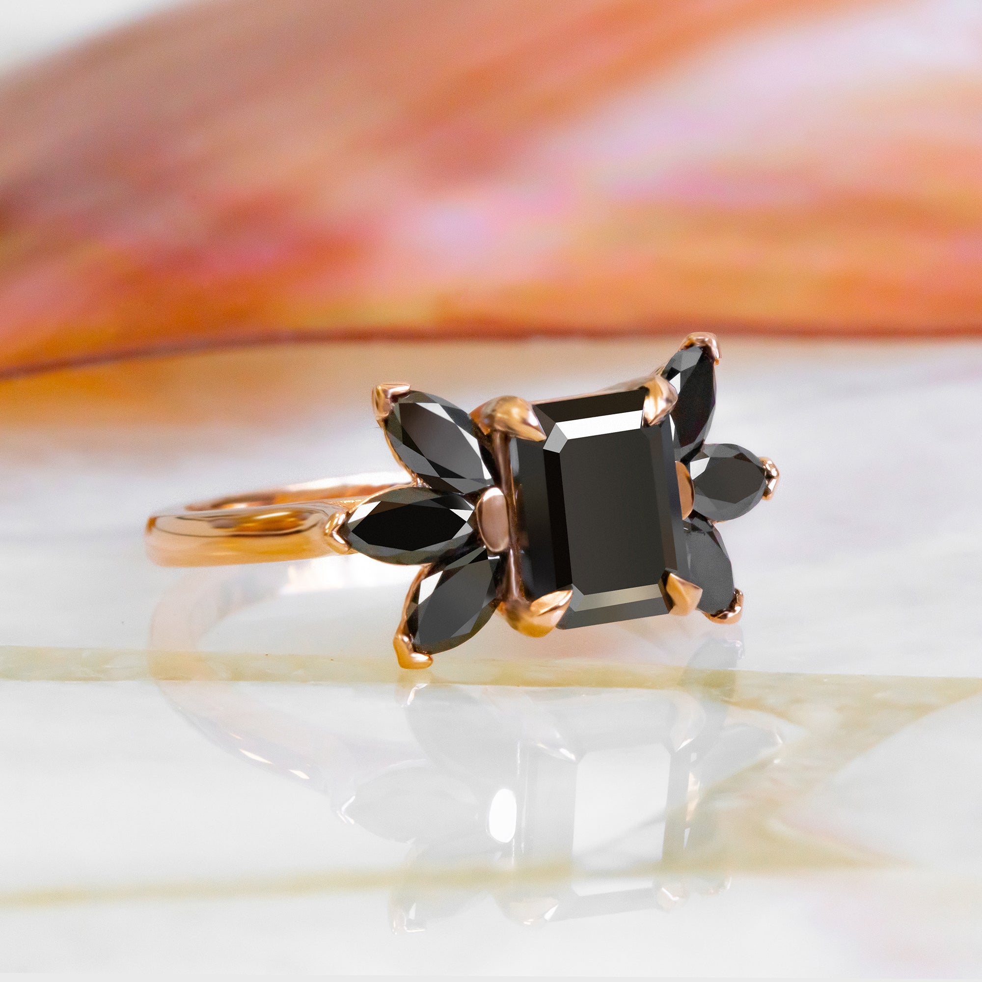 Natural Black Diamond Emerald Cut Engagement Ring