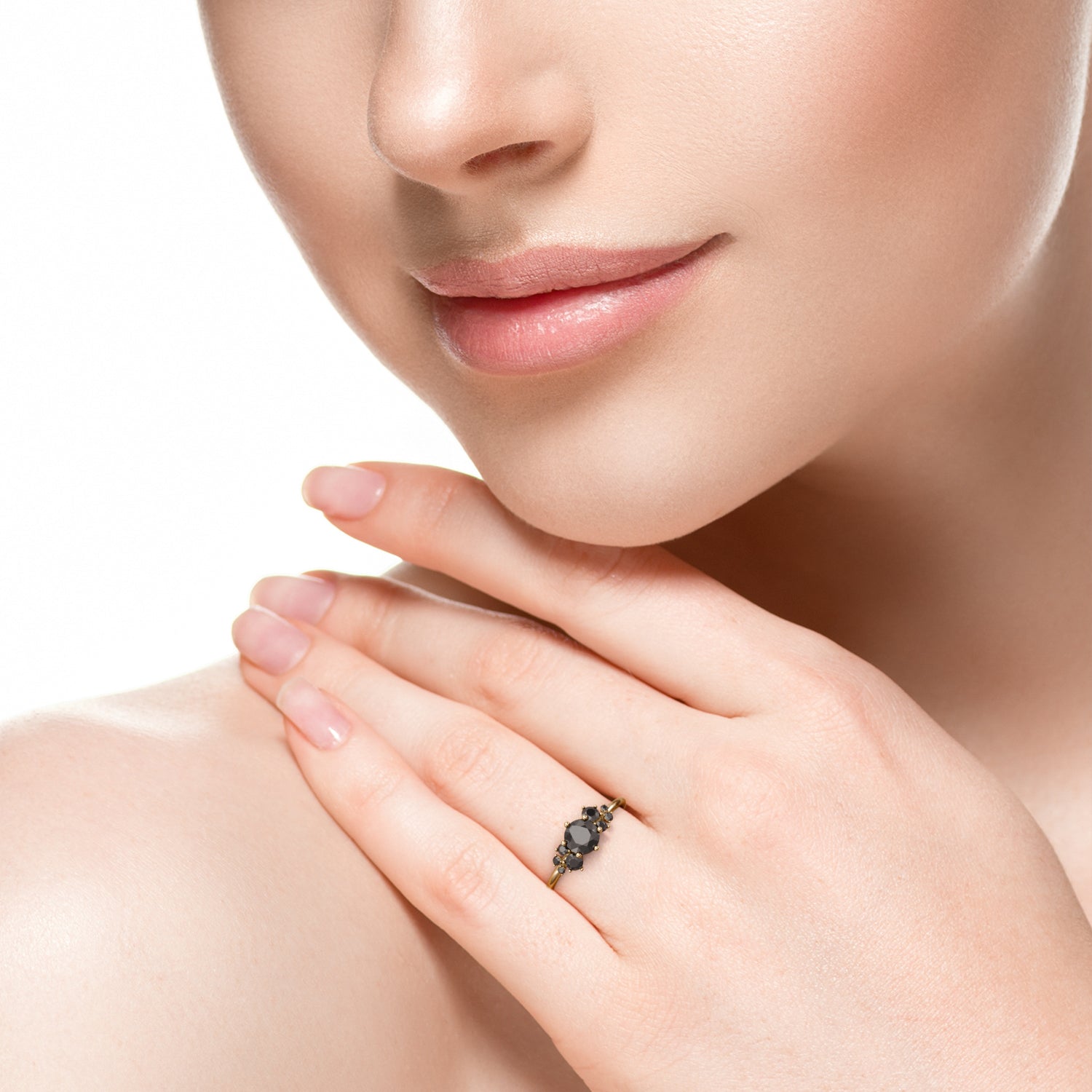 Cluster Natural Black Diamond Round Engagement Ring